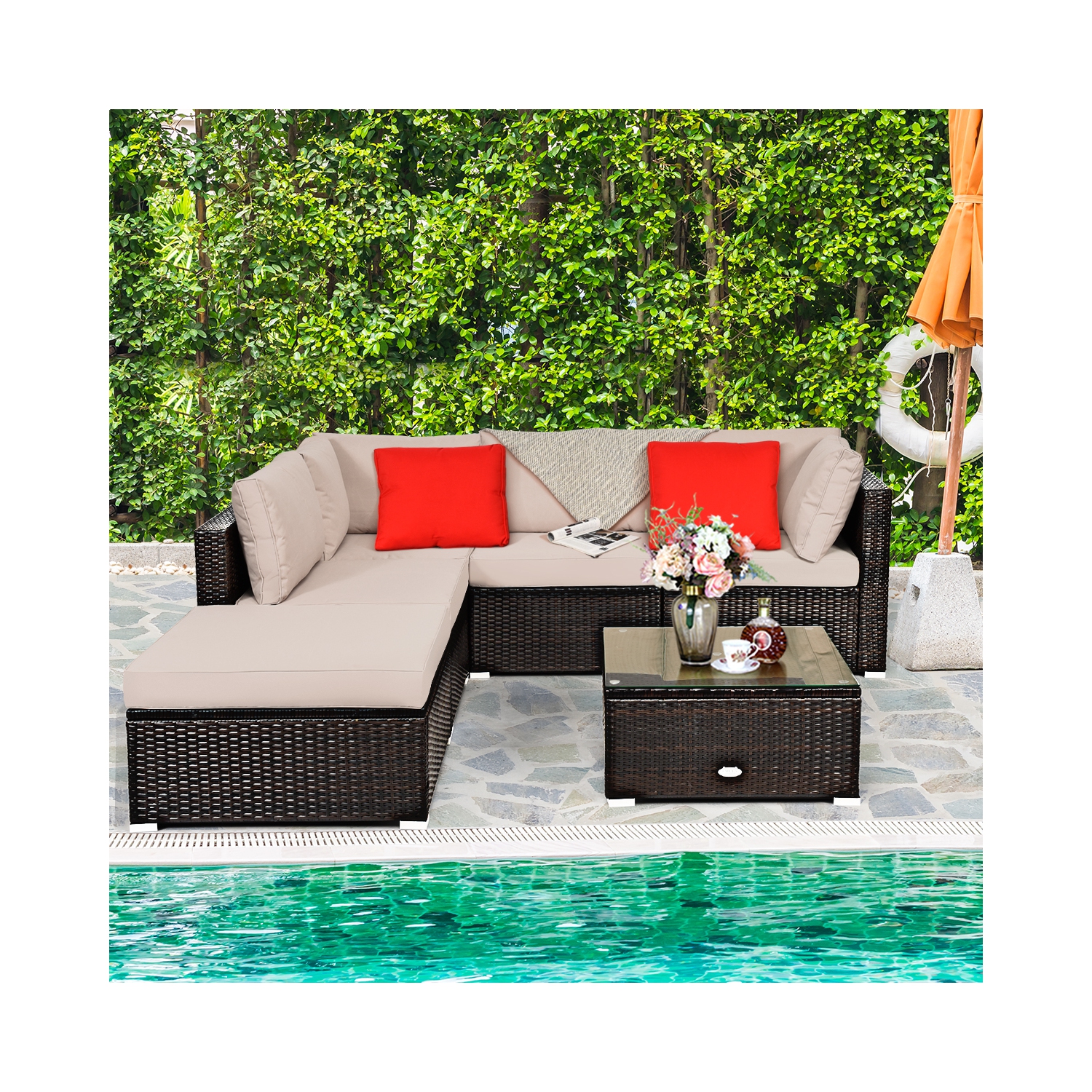 Patiojoy 6PCS Patio Rattan Furniture Set Outdoor Sectional Sofa Set w/Coffee Table & Ottoman Black/Navy/Turquoise/Red/Brown