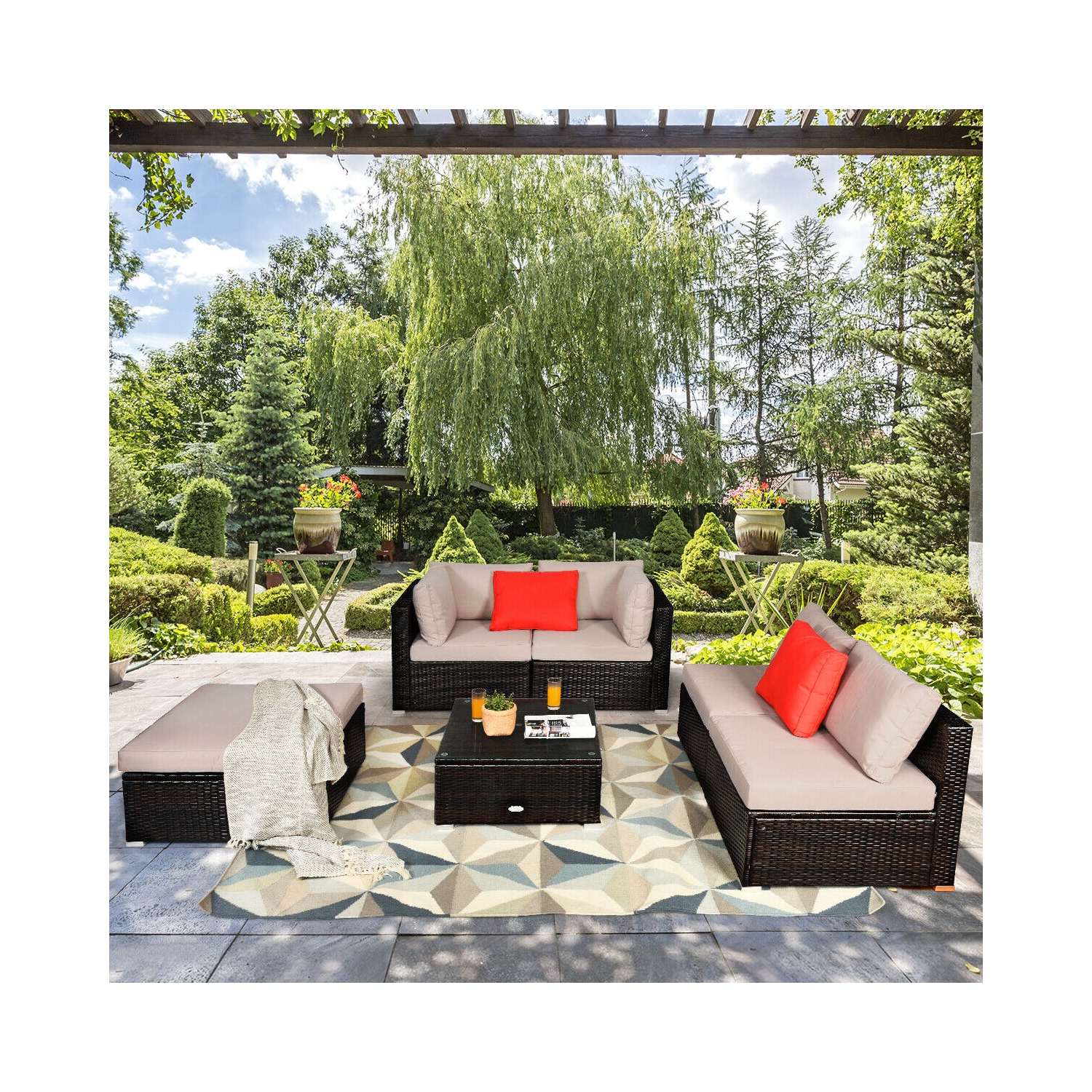 Patiojoy 6PCS Patio Rattan Furniture Set Outdoor Sectional Sofa Set w/Coffee Table & Ottoman Black/Navy/Turquoise/Red/Brown