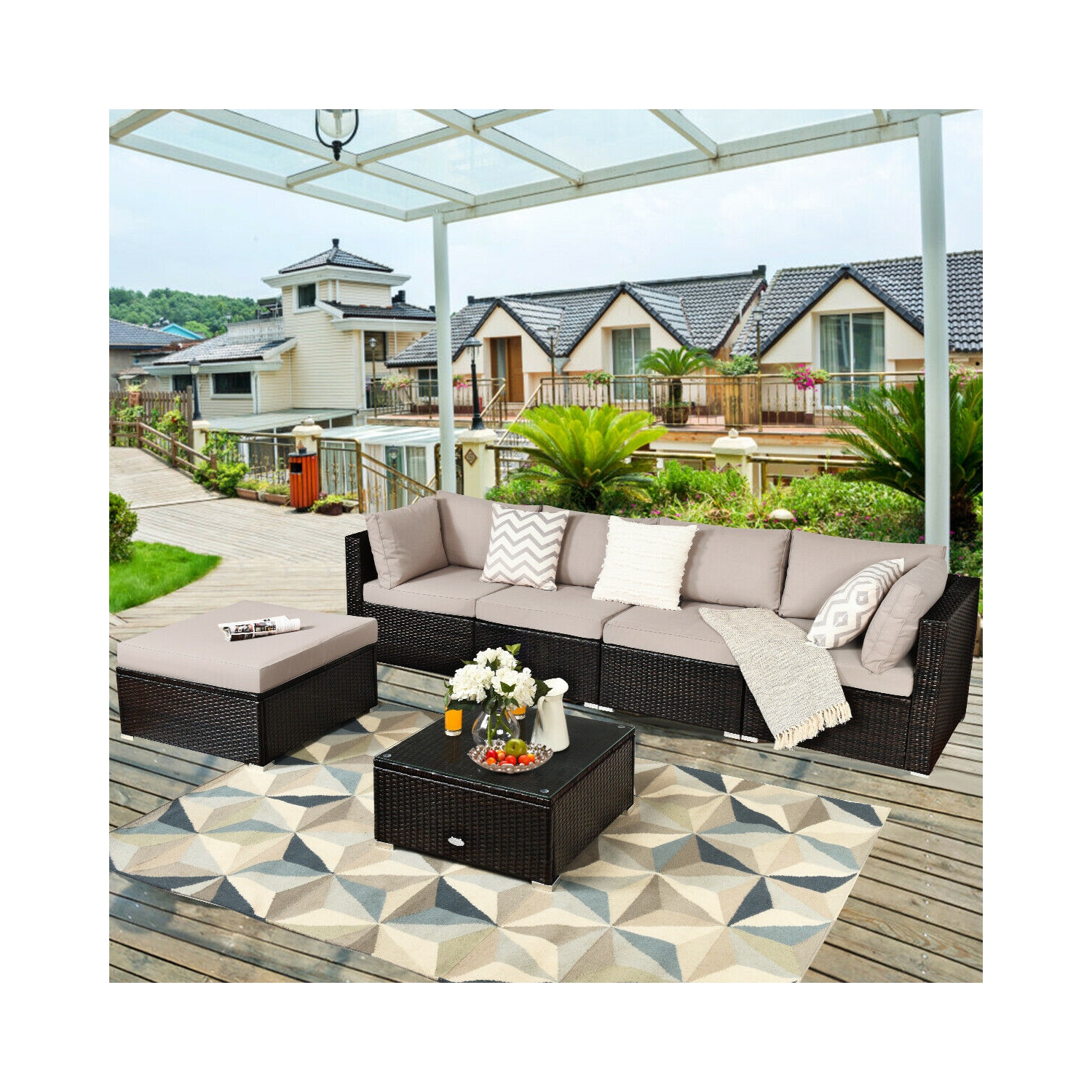 Patiojoy 6PCS Patio Rattan Furniture Set Outdoor Sectional Sofa Set w/Coffee Table & Ottoman Black/Navy/Turquoise/Red/Brown