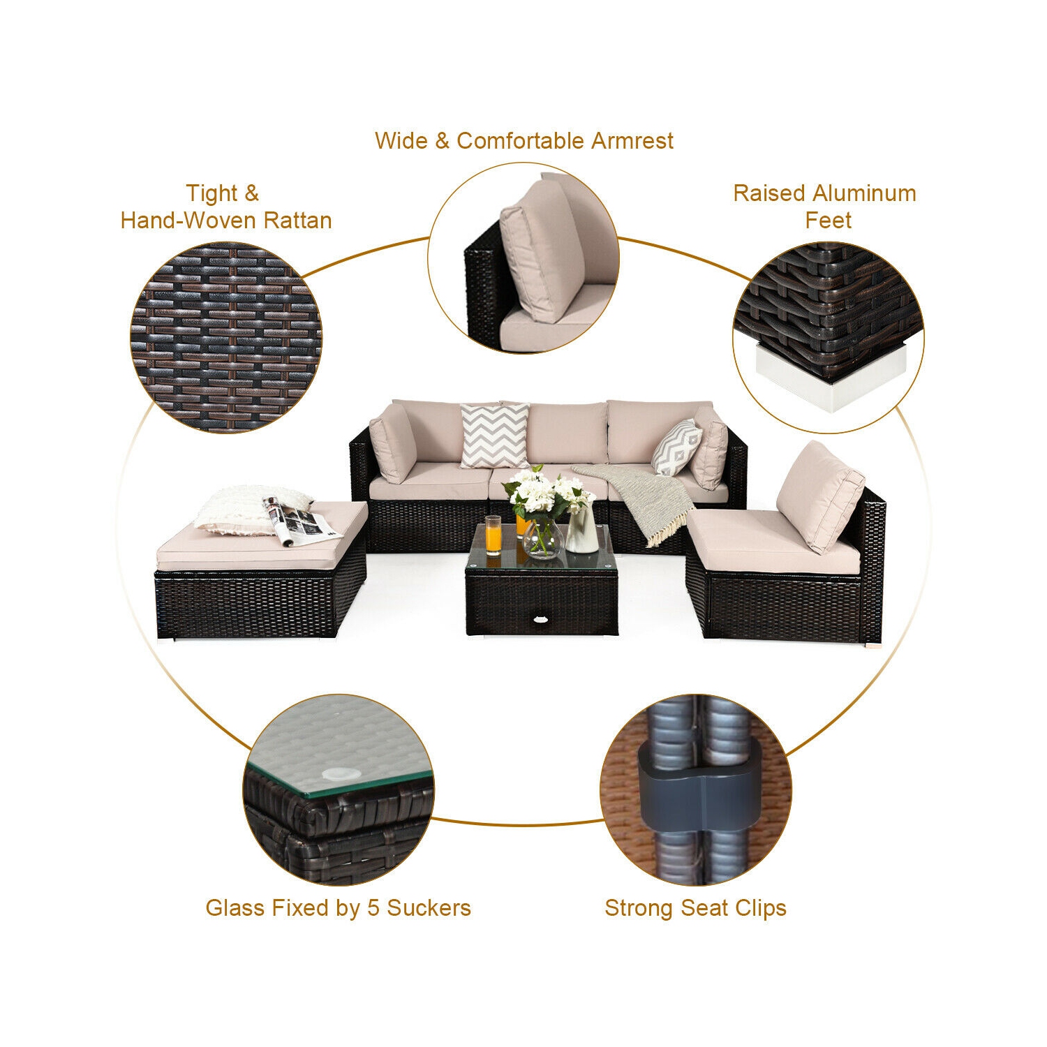 Patiojoy 6PCS Patio Rattan Furniture Set Outdoor Sectional Sofa Set w/Coffee Table & Ottoman Black/Navy/Turquoise/Red/Brown