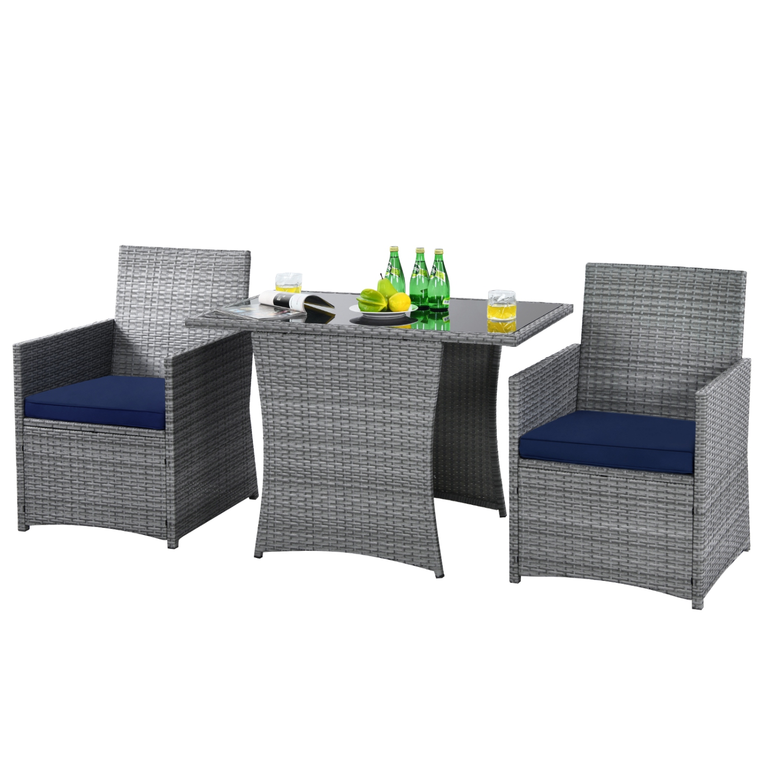 Patiojoy 3PCS Patio Rattan Furniture Set Outdoor Wicker Table & Chair Set w/Cushions White/Red/Gray/Turquoise/Navy