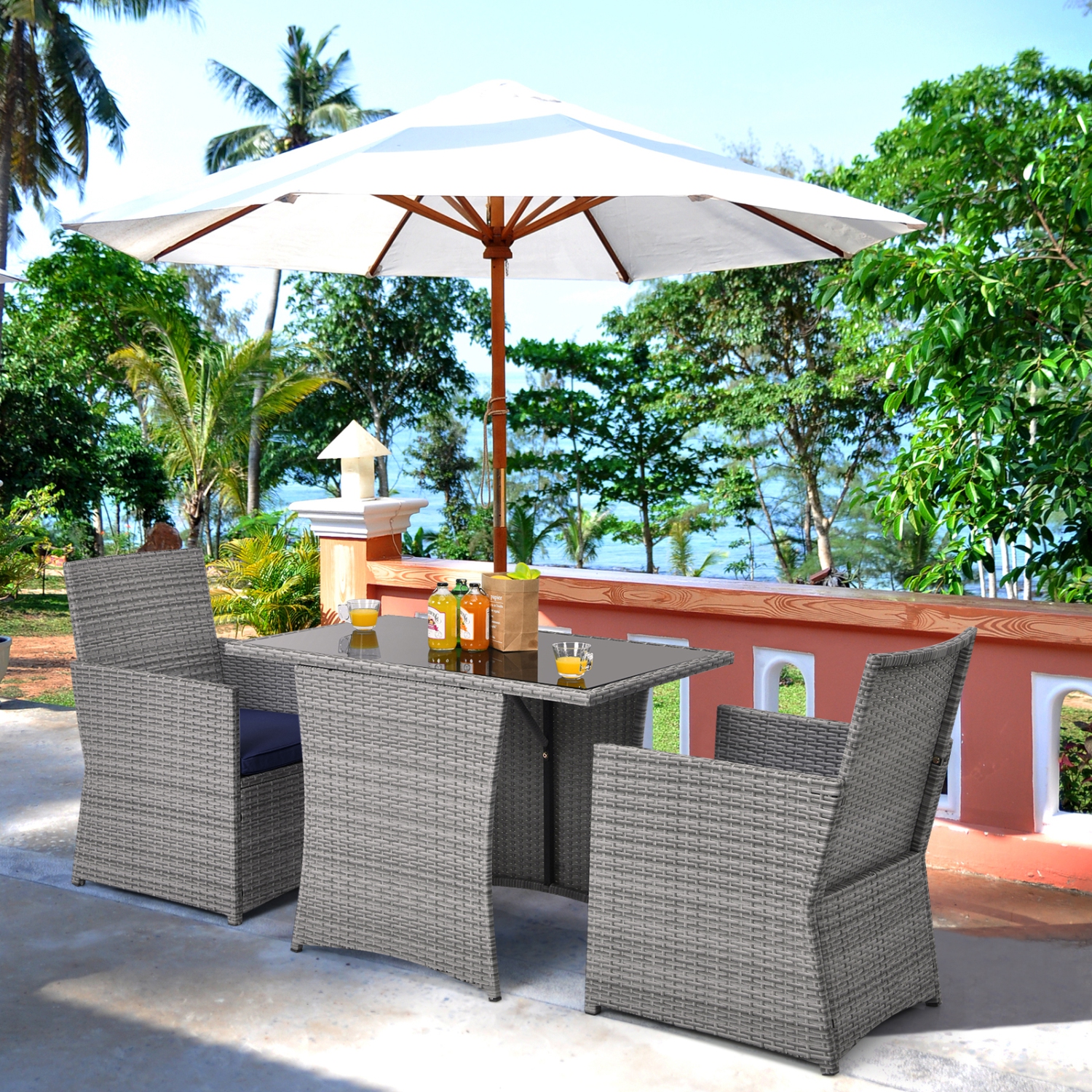 Patiojoy 3PCS Patio Rattan Furniture Set Outdoor Wicker Table & Chair Set w/Cushions White/Red/Gray/Turquoise/Navy