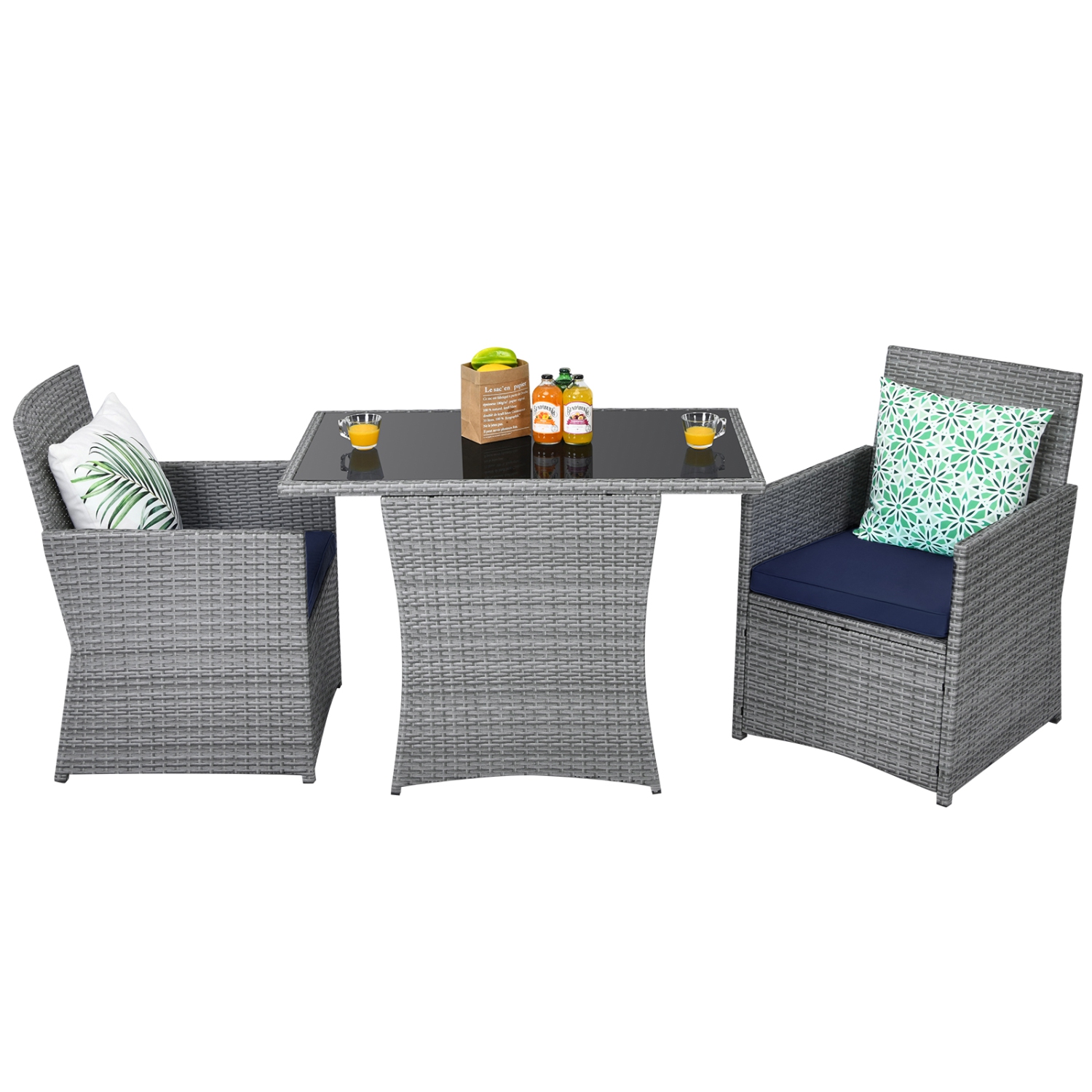 Patiojoy 3PCS Patio Rattan Furniture Set Outdoor Wicker Table & Chair Set w/Cushions White/Red/Gray/Turquoise/Navy