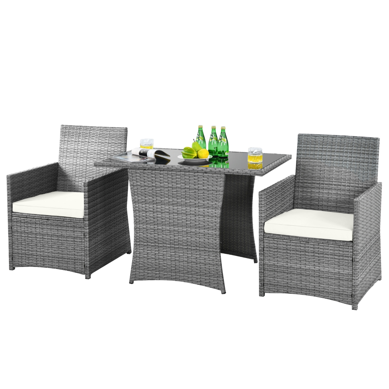 Patiojoy 3PCS Patio Rattan Furniture Set Outdoor Wicker Table & Chair Set w/Cushions White/Red/Gray/Turquoise/Navy