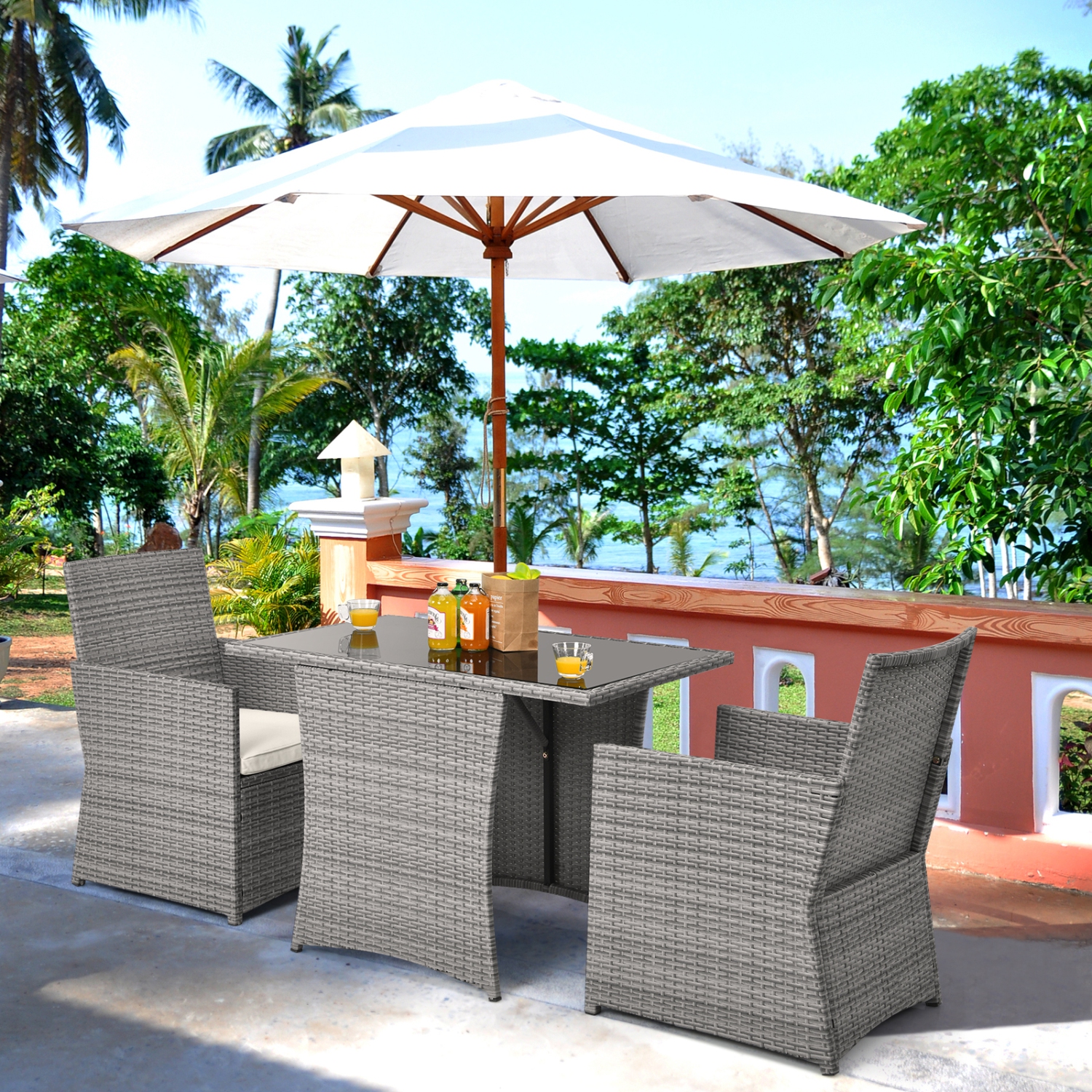 Patiojoy 3PCS Patio Rattan Furniture Set Outdoor Wicker Table & Chair Set w/Cushions White/Red/Gray/Turquoise/Navy