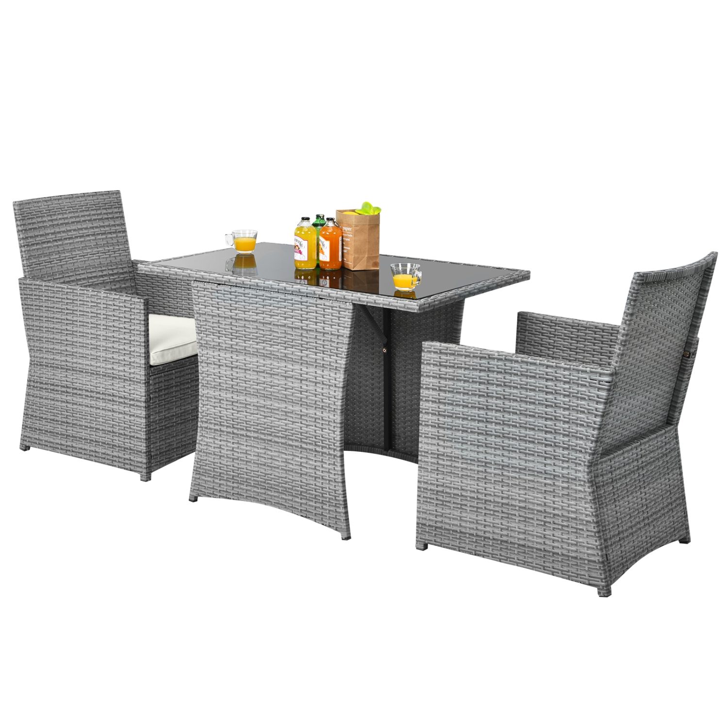 Patiojoy 3PCS Patio Rattan Furniture Set Outdoor Wicker Table & Chair Set w/Cushions White/Red/Gray/Turquoise/Navy