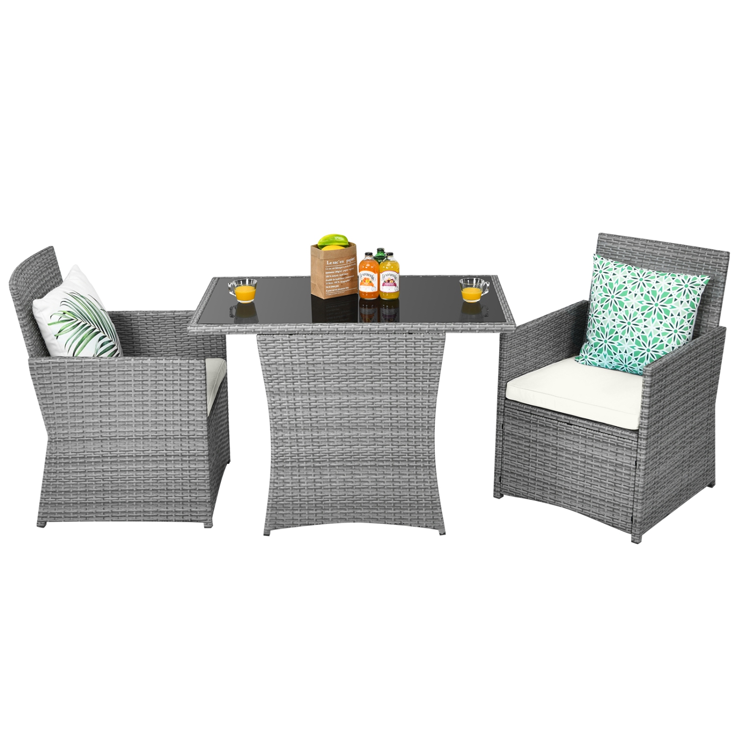 Patiojoy 3PCS Patio Rattan Furniture Set Outdoor Wicker Table & Chair Set w/Cushions White/Red/Gray/Turquoise/Navy