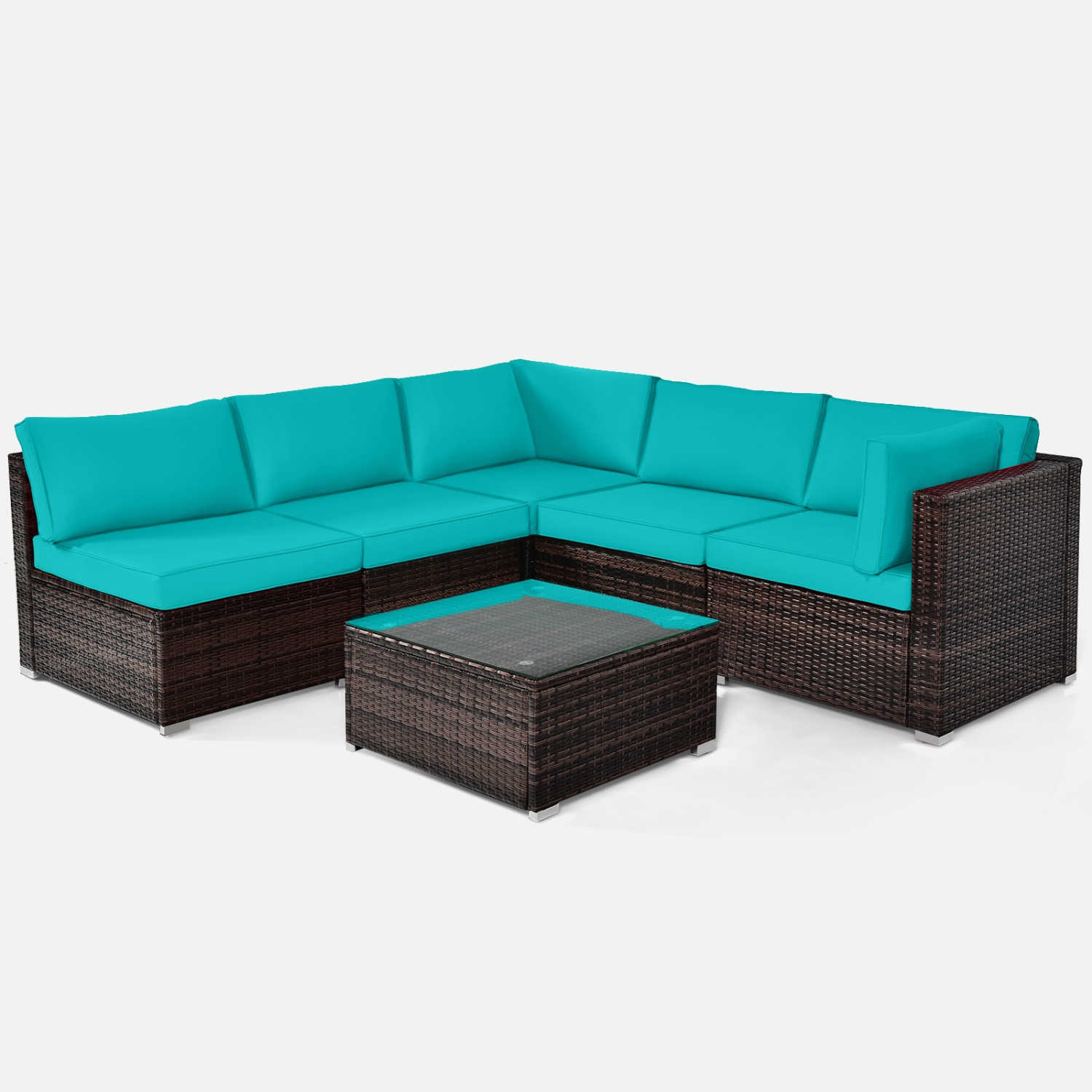 Patiojoy 6PCS Wicker Patio Sectional Conversation Furniture Set with Coffee Table & Seat Cushions Navy/Black/Turquoise/Red