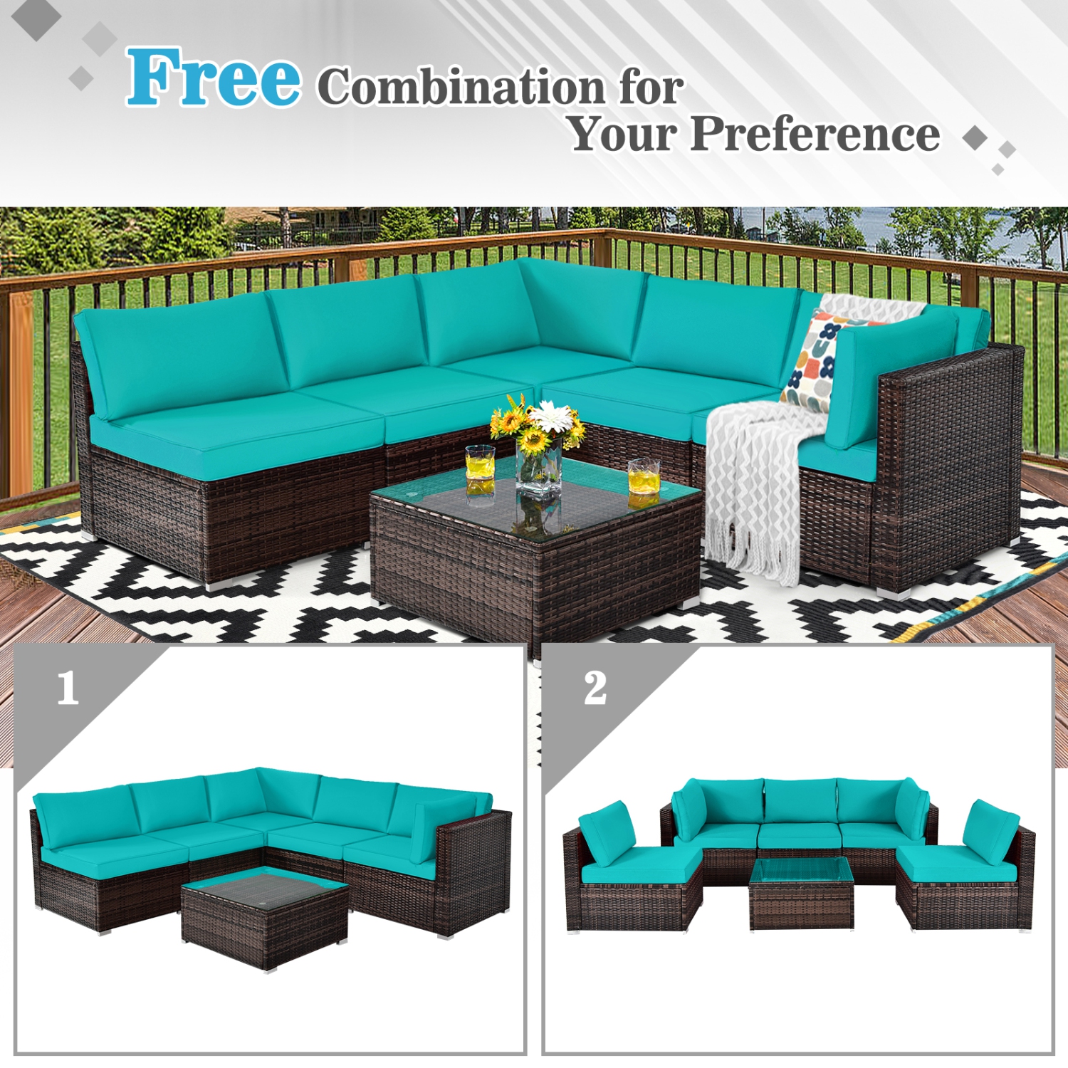 Patiojoy 6PCS Wicker Patio Sectional Conversation Furniture Set with Coffee Table & Seat Cushions Navy/Black/Turquoise/Red