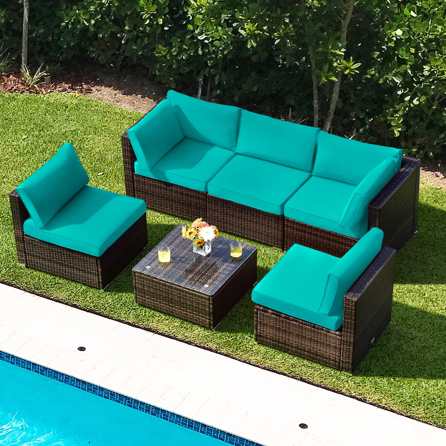 Patiojoy 6PCS Wicker Patio Sectional Conversation Furniture Set with Coffee Table & Seat Cushions Navy/Black/Turquoise/Red