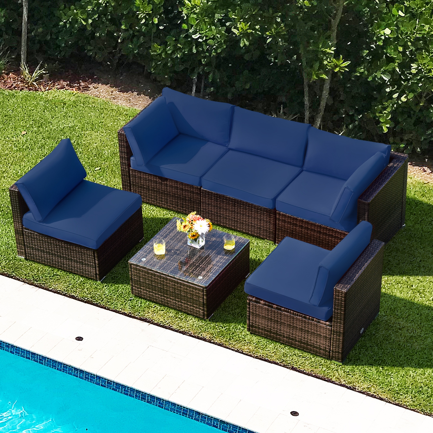 Patiojoy 6PCS Wicker Patio Sectional Conversation Furniture Set with Coffee Table & Seat Cushions Navy/Black/Turquoise/Red