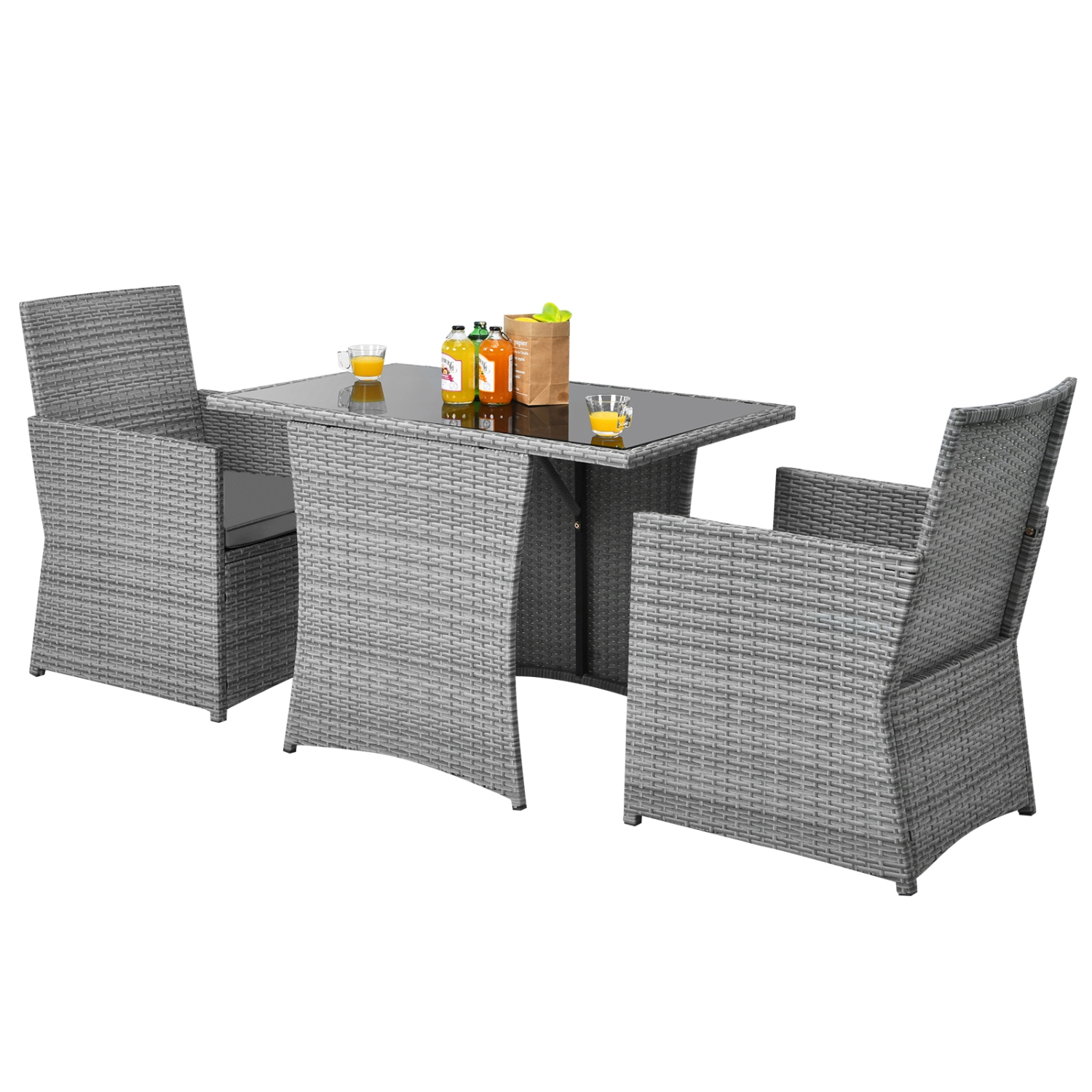 Patiojoy 3PCS Patio Rattan Furniture Set Outdoor Wicker Table & Chair Set w/Cushions White/Red/Gray/Turquoise/Navy