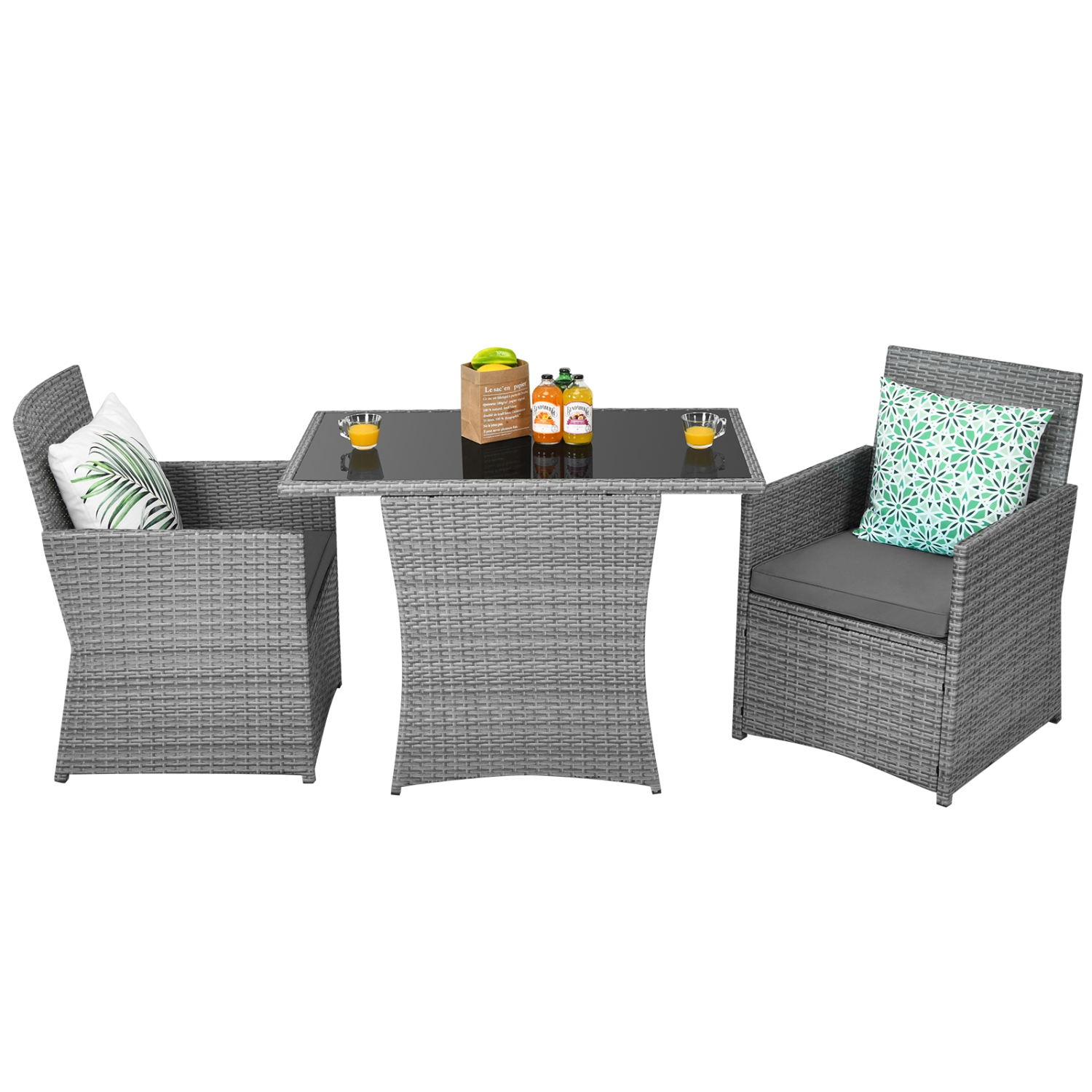 Patiojoy 3PCS Patio Rattan Furniture Set Outdoor Wicker Table & Chair Set w/Cushions White/Red/Gray/Turquoise/Navy