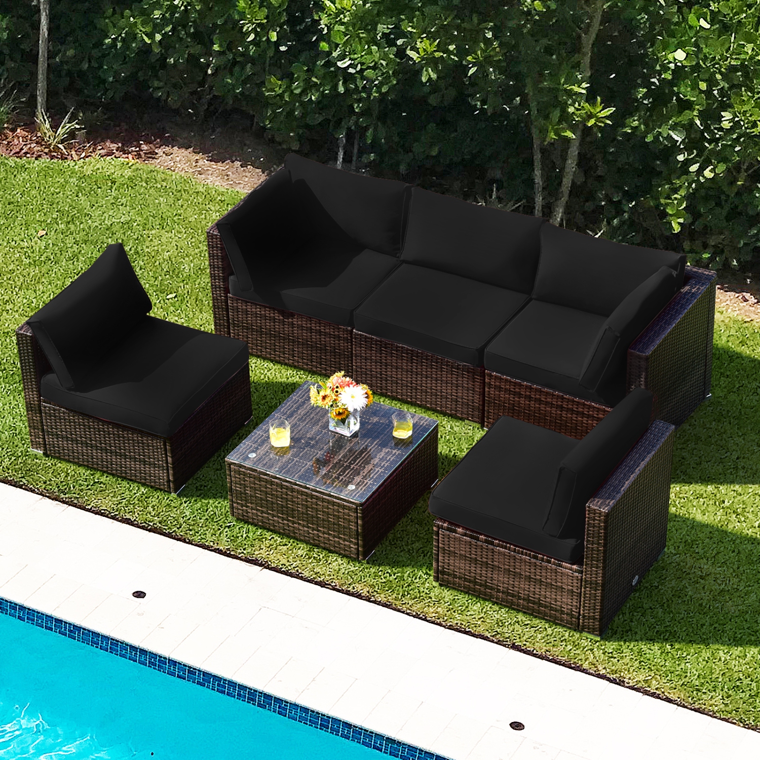 Ensemble patio modulaire 6 pièces en osier avec table basse et coussins de siège bleu marine/noir/turquoise/rouge de PatioJoy