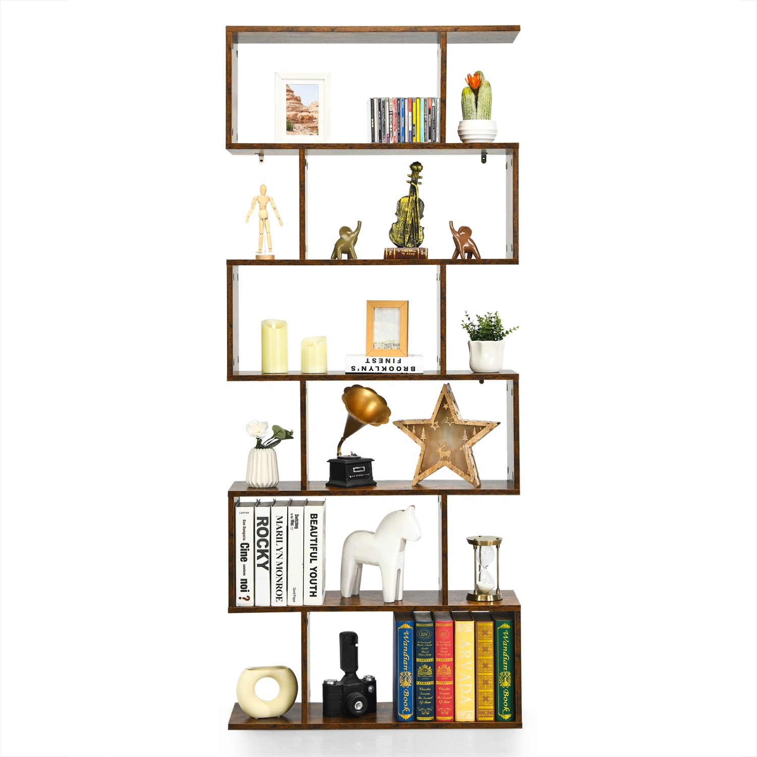 Topbuy 6-Tier S-Shaped Wooden Bookshelf Storage Bookcase Multifunctional Display Stand Shelf