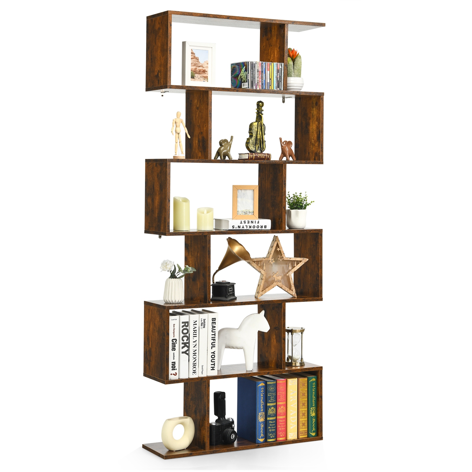 Topbuy 6-Tier S-Shaped Wooden Bookshelf Storage Bookcase Multifunctional Display Stand Shelf