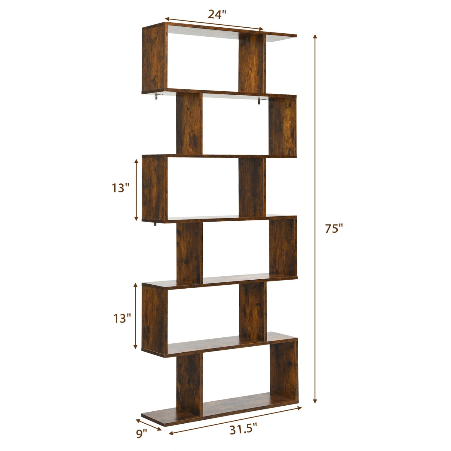 Topbuy 6-Tier S-Shaped Wooden Bookshelf Storage Bookcase Multifunctional Display Stand Shelf