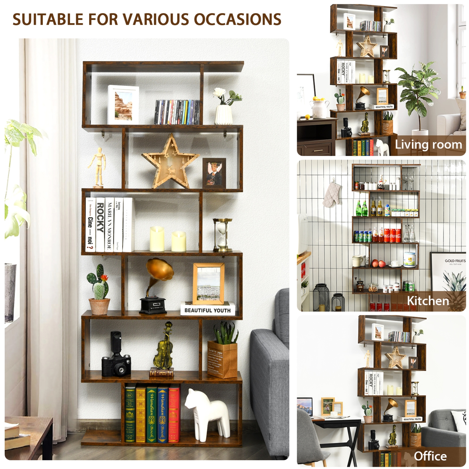 Topbuy 6-Tier S-Shaped Wooden Bookshelf Storage Bookcase Multifunctional Display Stand Shelf