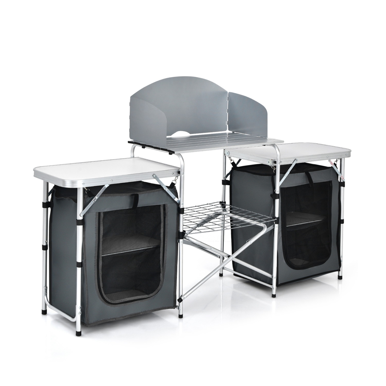 Topbuy Portable Camping Kitchen Table Aluminum Fold-Up Camping Kitchen with Windscreen for BBQ, Picnic, Party Gray/Black