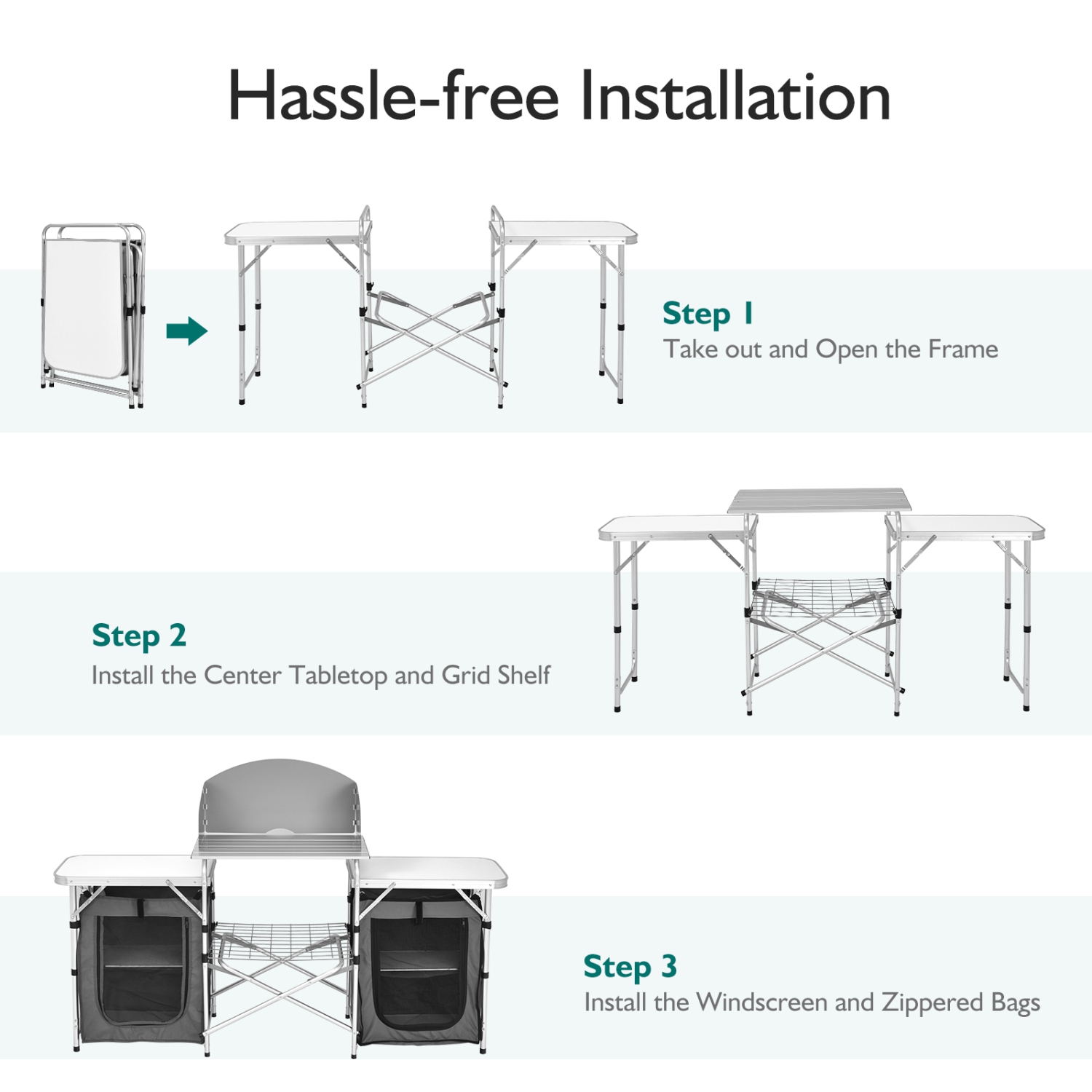 Topbuy Portable Camping Kitchen Table Aluminum Fold-Up Camping Kitchen with Windscreen for BBQ, Picnic, Party Gray/Black