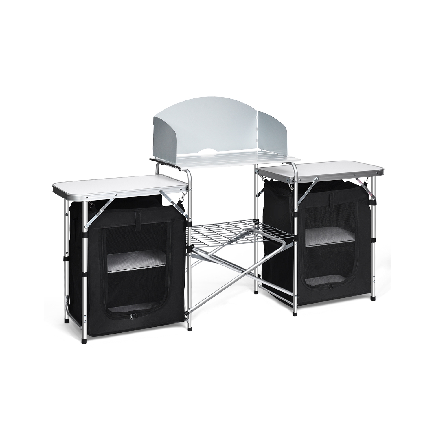 TopBuy – Table de cuisine de camping portative avec table pliante en aluminium et pare-vent pour barbecue, pique-nique, gris fête/noir
