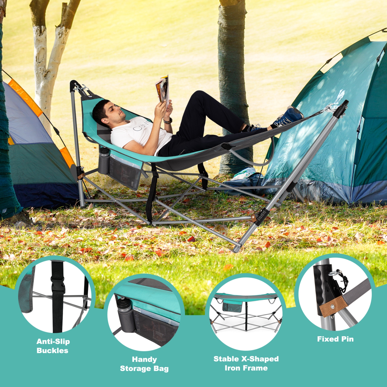 Topbuy Portable Folding Hammock Free Standing Hammock W/ Stand-Folds&Carrying Bag&Anti-Slip Buckle&Storage Pocket