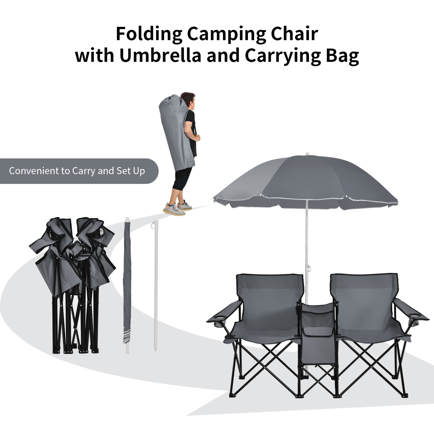 Topbuy Portable Folding Picnic Double Chair with Umbrella&Mini Table Outdoor Camping Chair for Beach Gray/Black/Turquoise