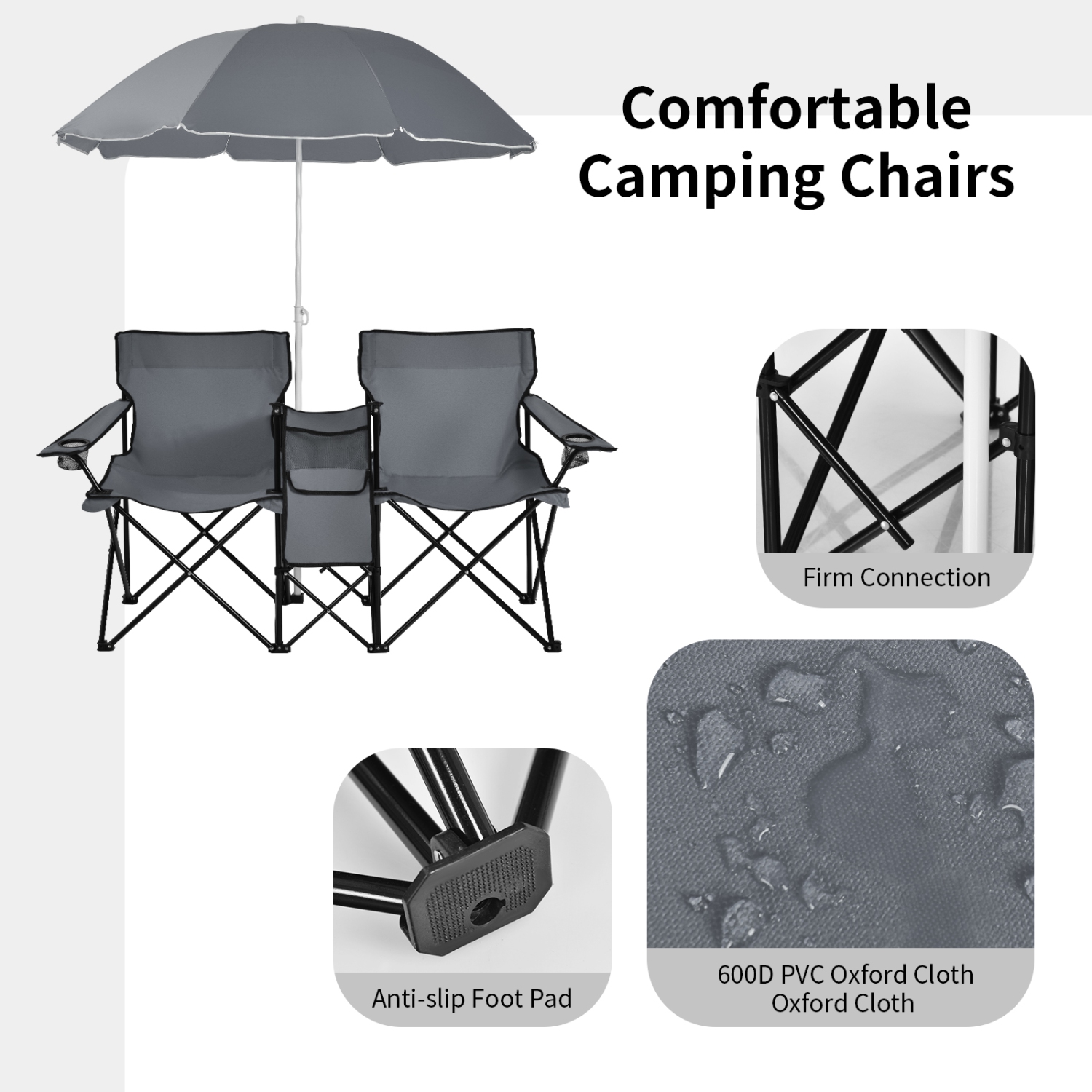 Topbuy Portable Folding Picnic Double Chair with Umbrella&Mini Table Outdoor Camping Chair for Beach Gray/Black/Turquoise