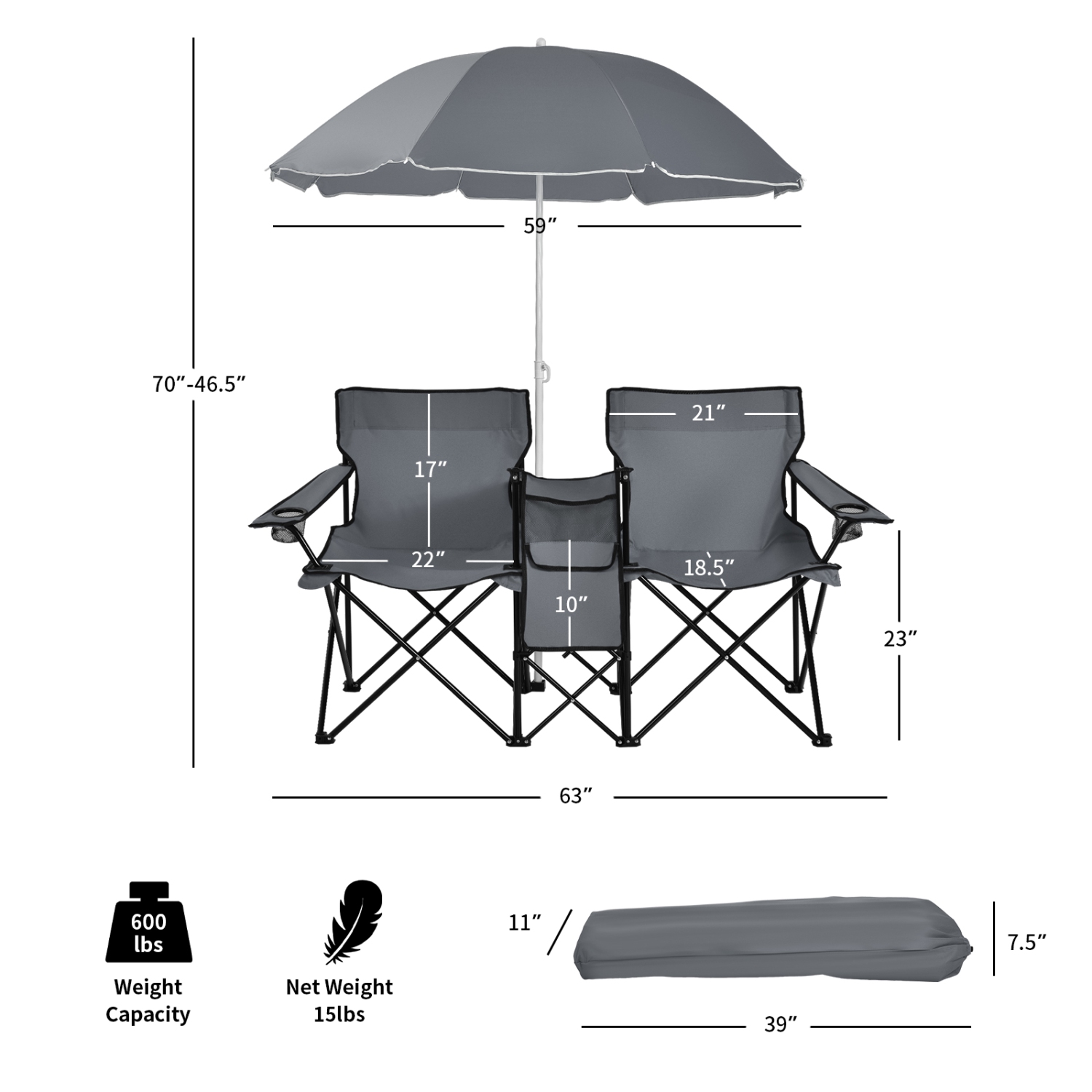 Topbuy Portable Folding Picnic Double Chair with Umbrella&Mini Table Outdoor Camping Chair for Beach Gray/Black/Turquoise