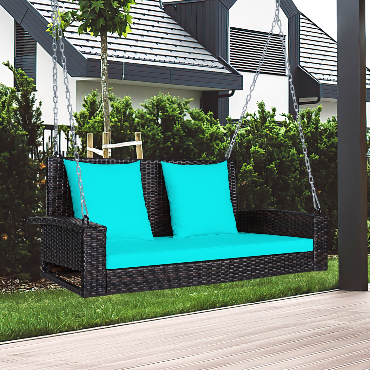 Topbuy Outdoor Wicker Porch Swing Bench 2-Person Patio Rattan Swing Chair W/ Soft Cushions White/Turquoise/Red/Black