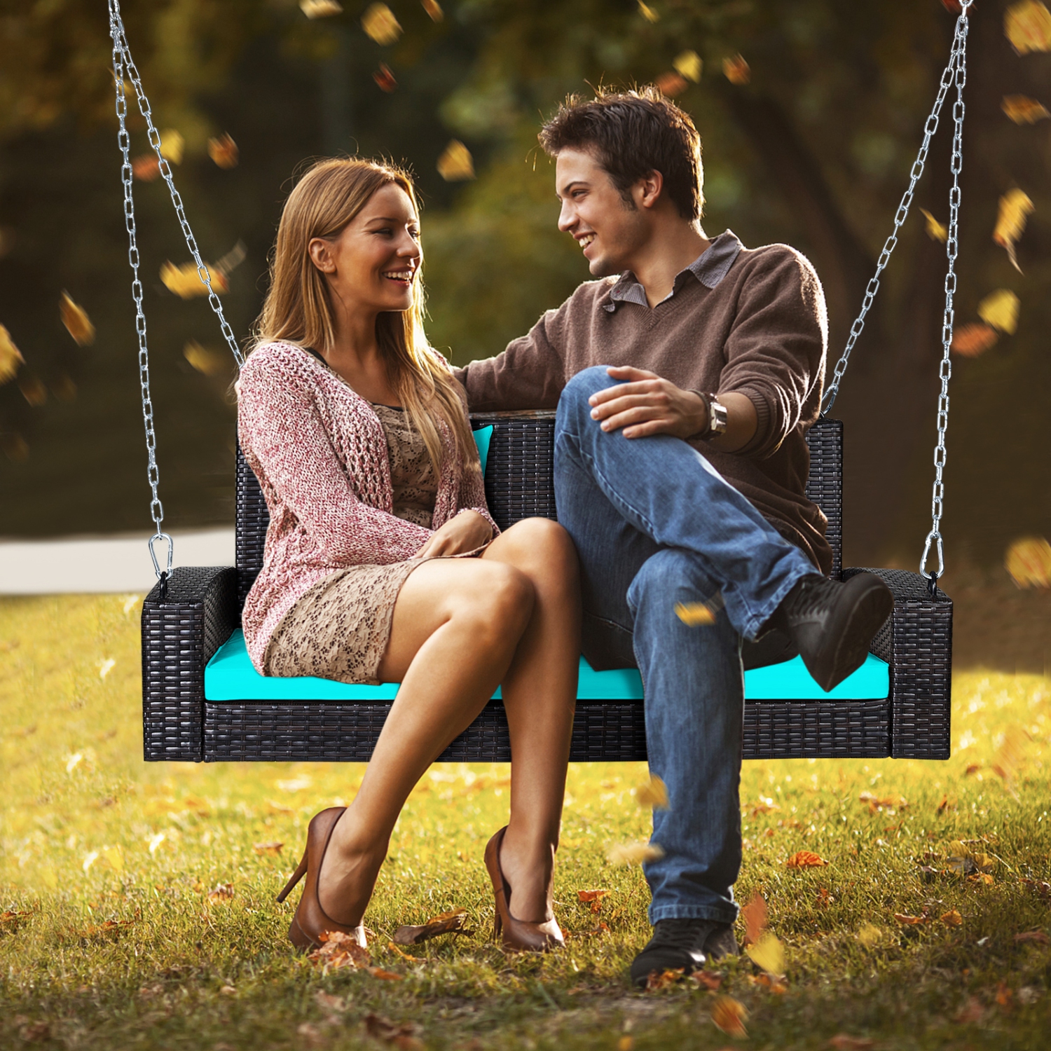 Topbuy Outdoor Wicker Porch Swing Bench 2-Person Patio Rattan Swing Chair W/ Soft Cushions White/Turquoise/Red/Black