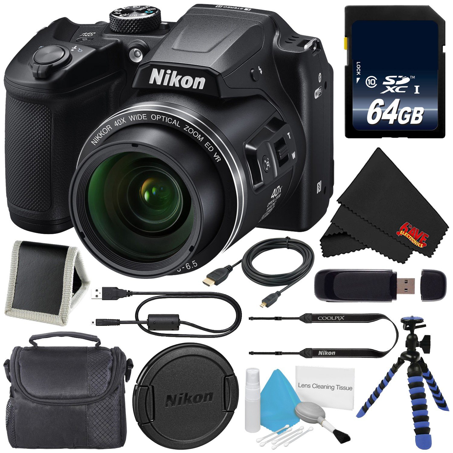 Nikon COOLPIX B500 Digital Camera (Black) 26506 + 64GB SDXC Class 10 Memory Card + Flexible Tripod with Gripping Rubber