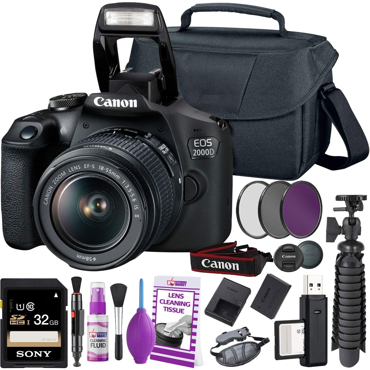 Canon EOS 2000D / Rebel T7 DSLR Camera and EF-S 18-55mm f/3.5-5.6 IS DC III Lens + 32GB Memory Card + Bag + Cleaning Kit + Table Tripod + Filters