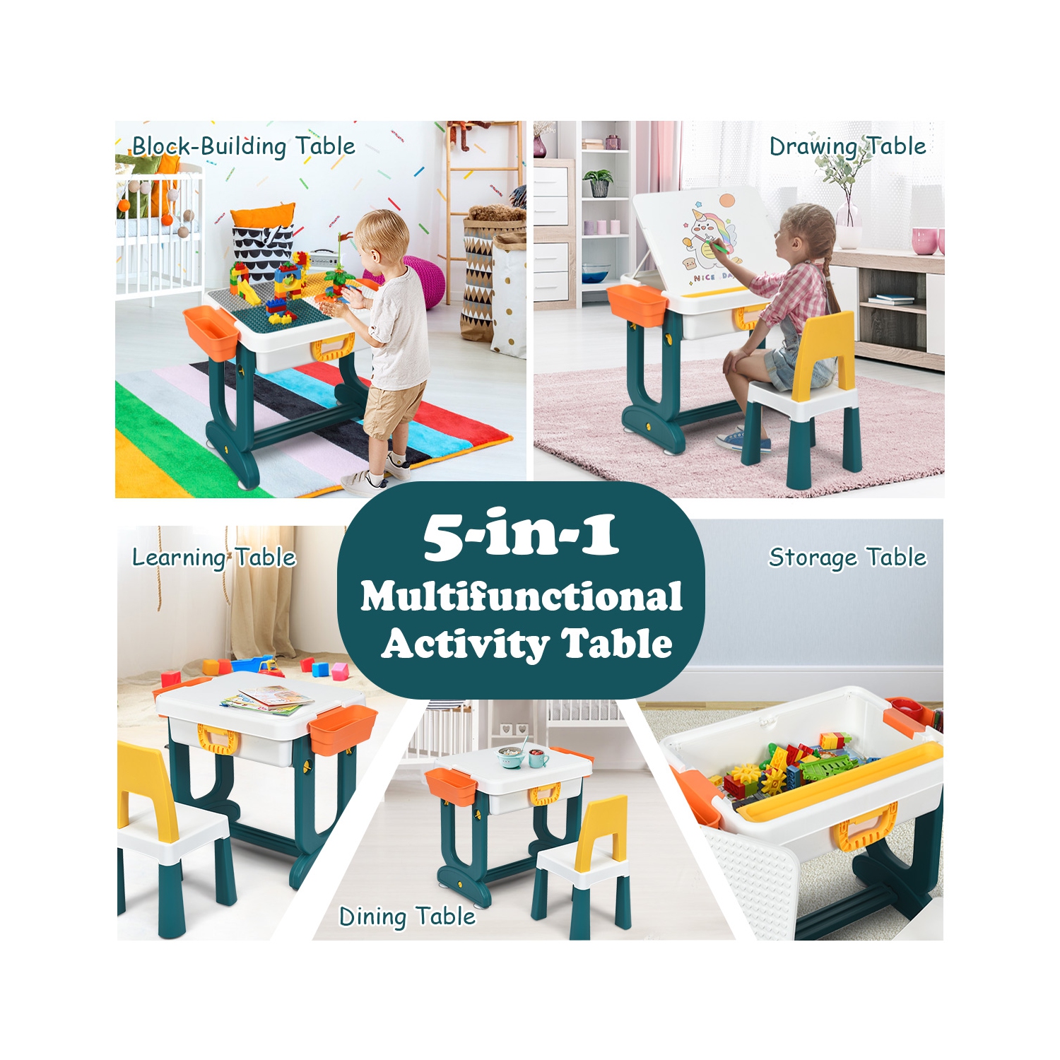 Topbuy Kids 5-In-1 Building Block Table w/Chair & Double-sided Table Top Children Drawing Table Best Gift for Kids