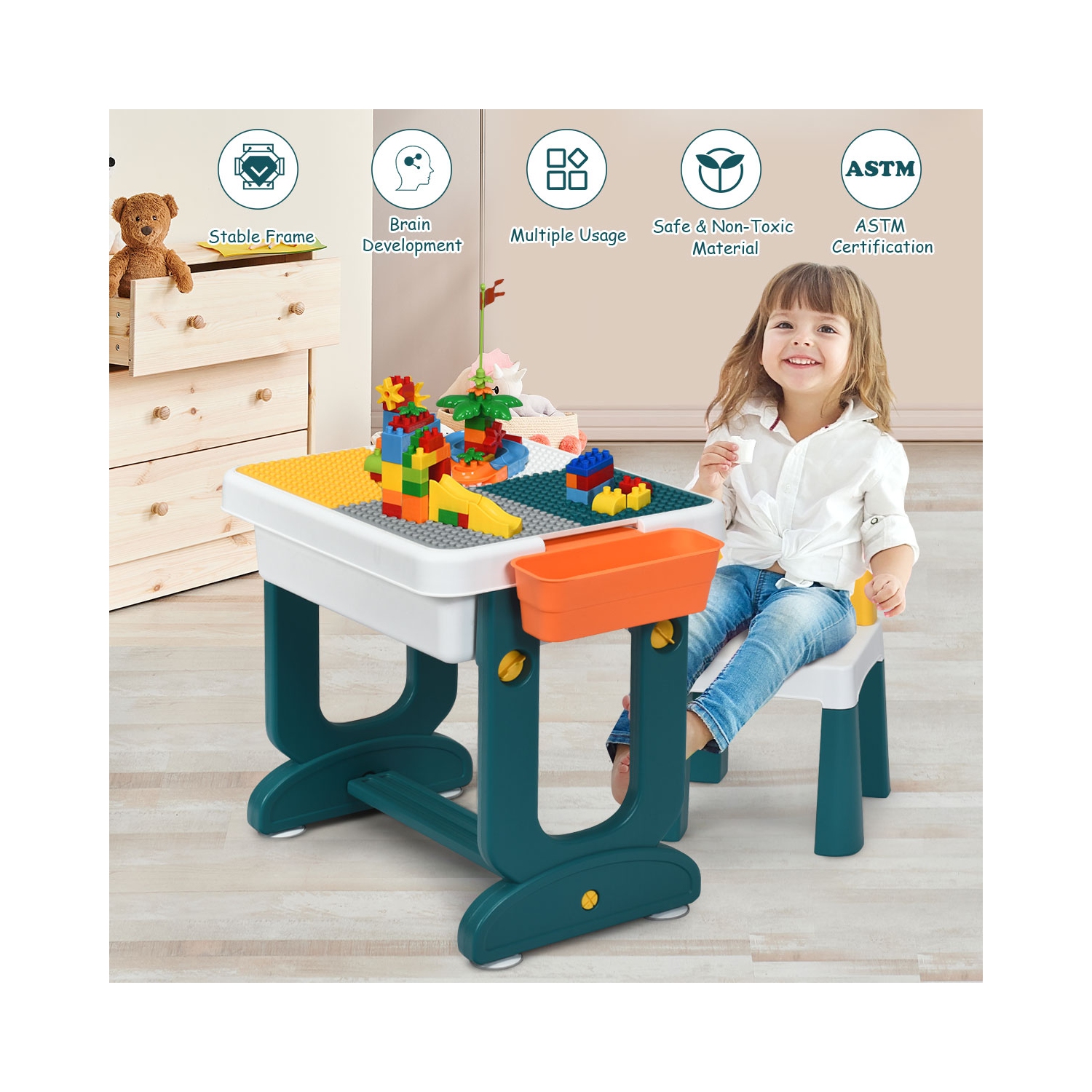Topbuy Kids 5-In-1 Building Block Table w/Chair & Double-sided Table Top Children Drawing Table Best Gift for Kids