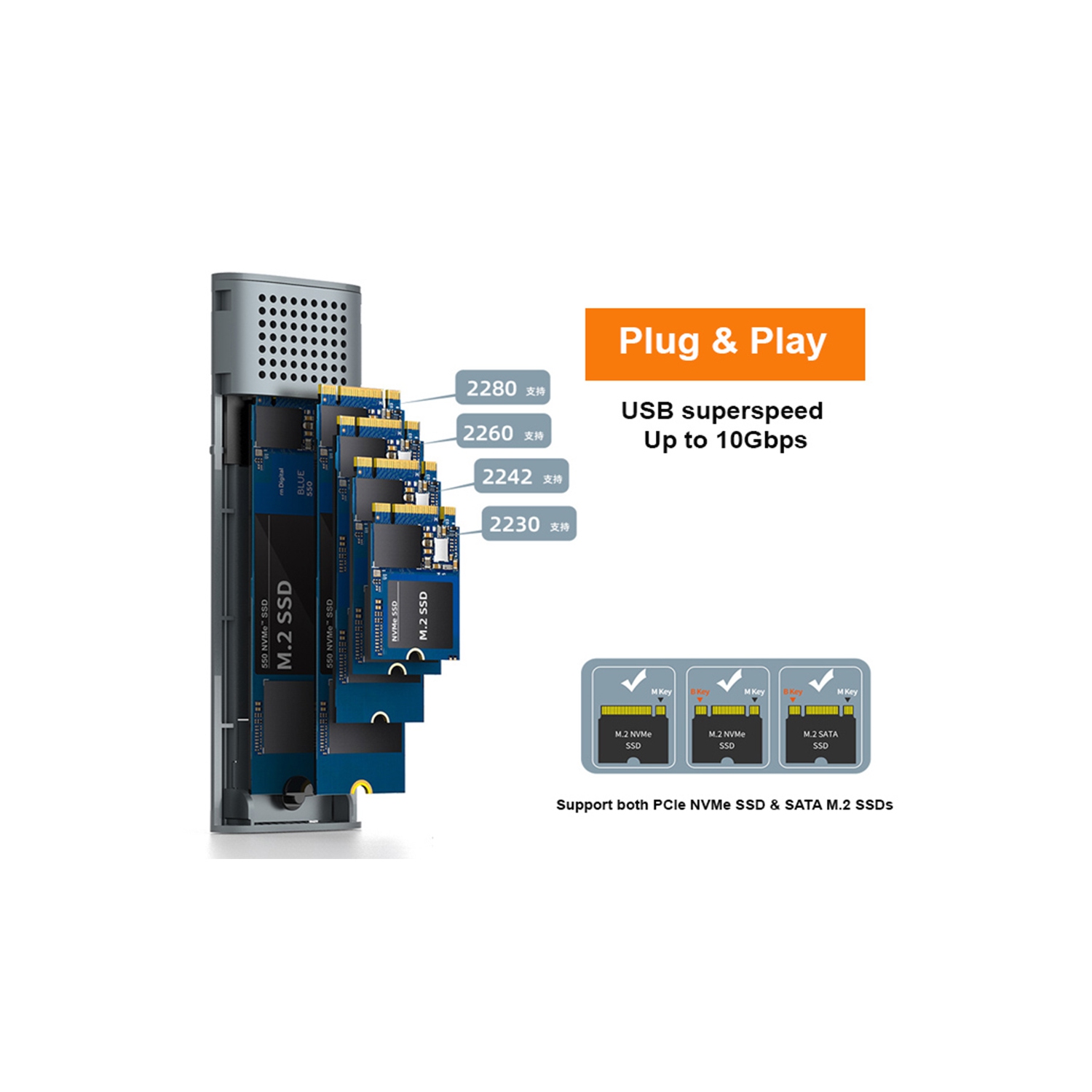 Maiwo – Boîtier sans outil à double protocole M.2 K1689 M.2, USB 3.1 de type C de 2e génération pour SSD M.2 PCIe NVMe/SATA