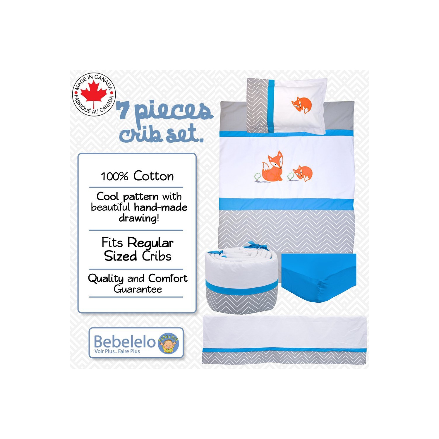 Bebelelo 7 Pieces Baby Bedding Set - Nursery Crib Set Including Skirt, Comforter, Mattress Cover, Pillow, and More for Kids, Boys, Girls