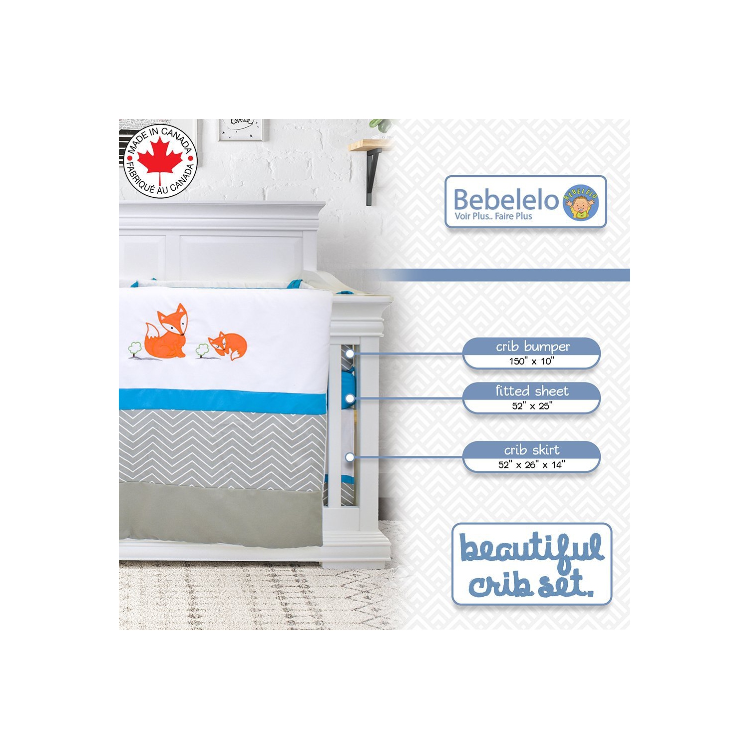 Bebelelo 7 Pieces Baby Bedding Set - Nursery Crib Set Including Skirt, Comforter, Mattress Cover, Pillow, and More for Kids, Boys, Girls