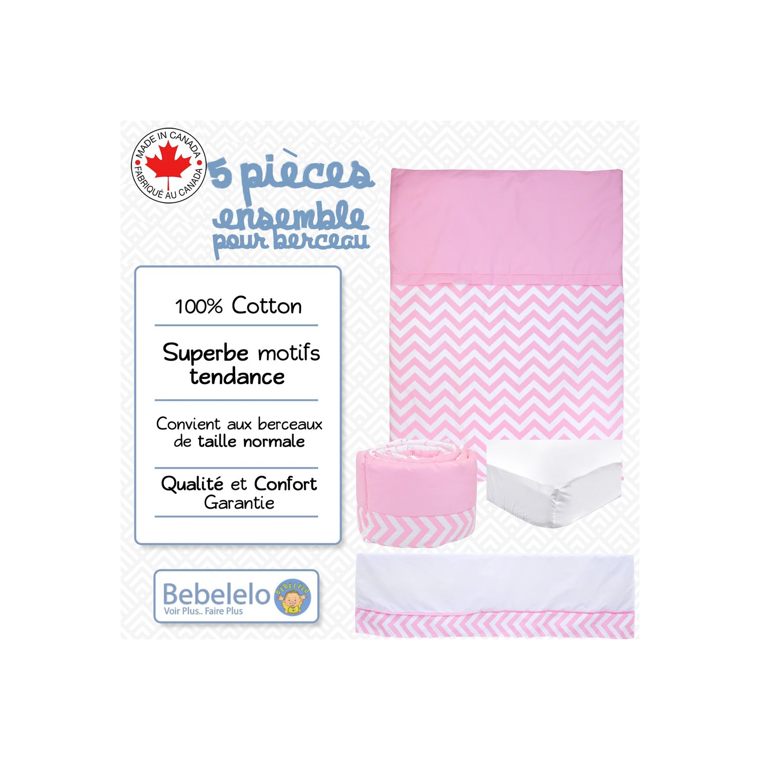 Bebelelo 5 Pieces Baby Bedding Set - Nursery Crib Set of Comforter, Quilt Cover, Safety Pad, Fitted Sheet and Skirt for Kids, Boys, Girls,