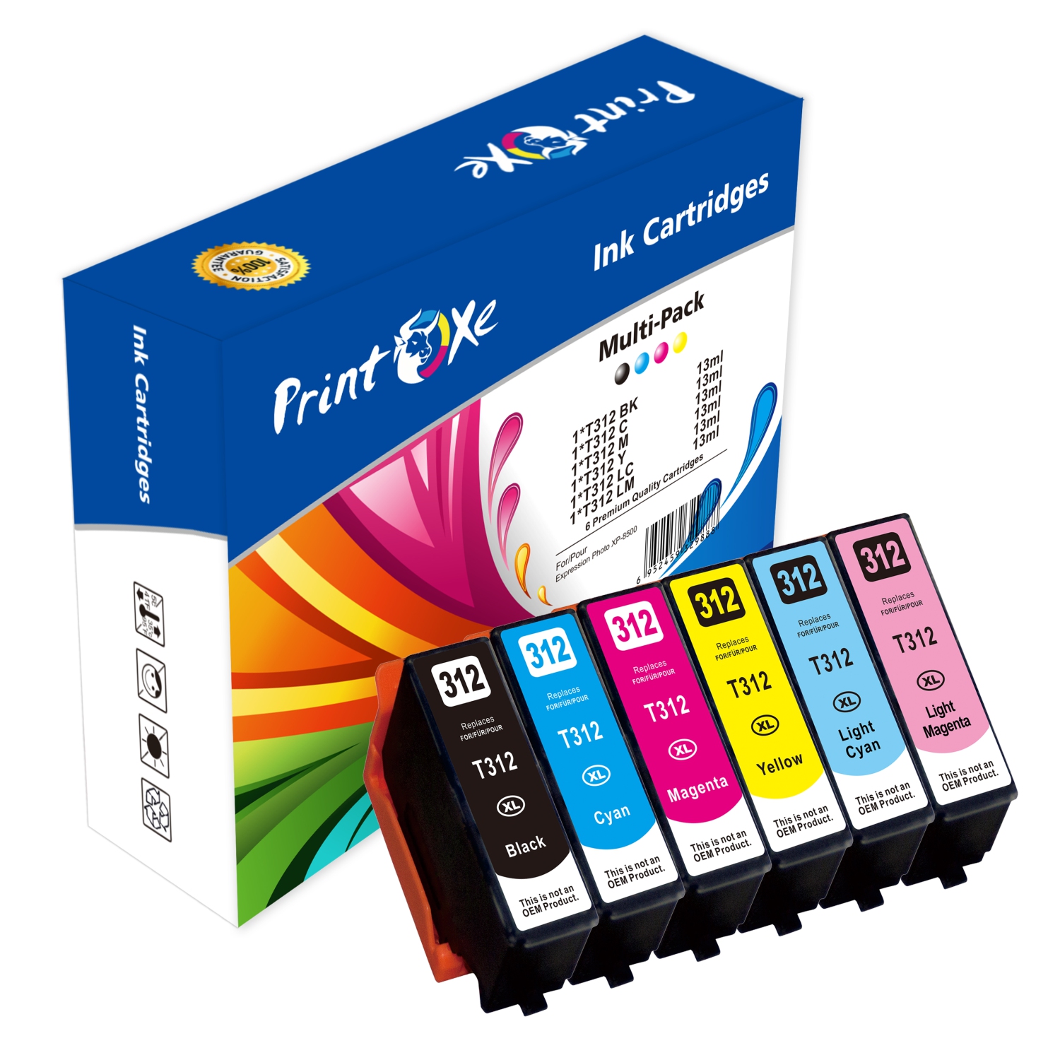 PRINTOXE® T312 XL High Capacity Remanufactured Set of 6 Ink Cartridges Black / Cyan / Magenta / Yellow / Light Cyan / Light Magenta for Epson