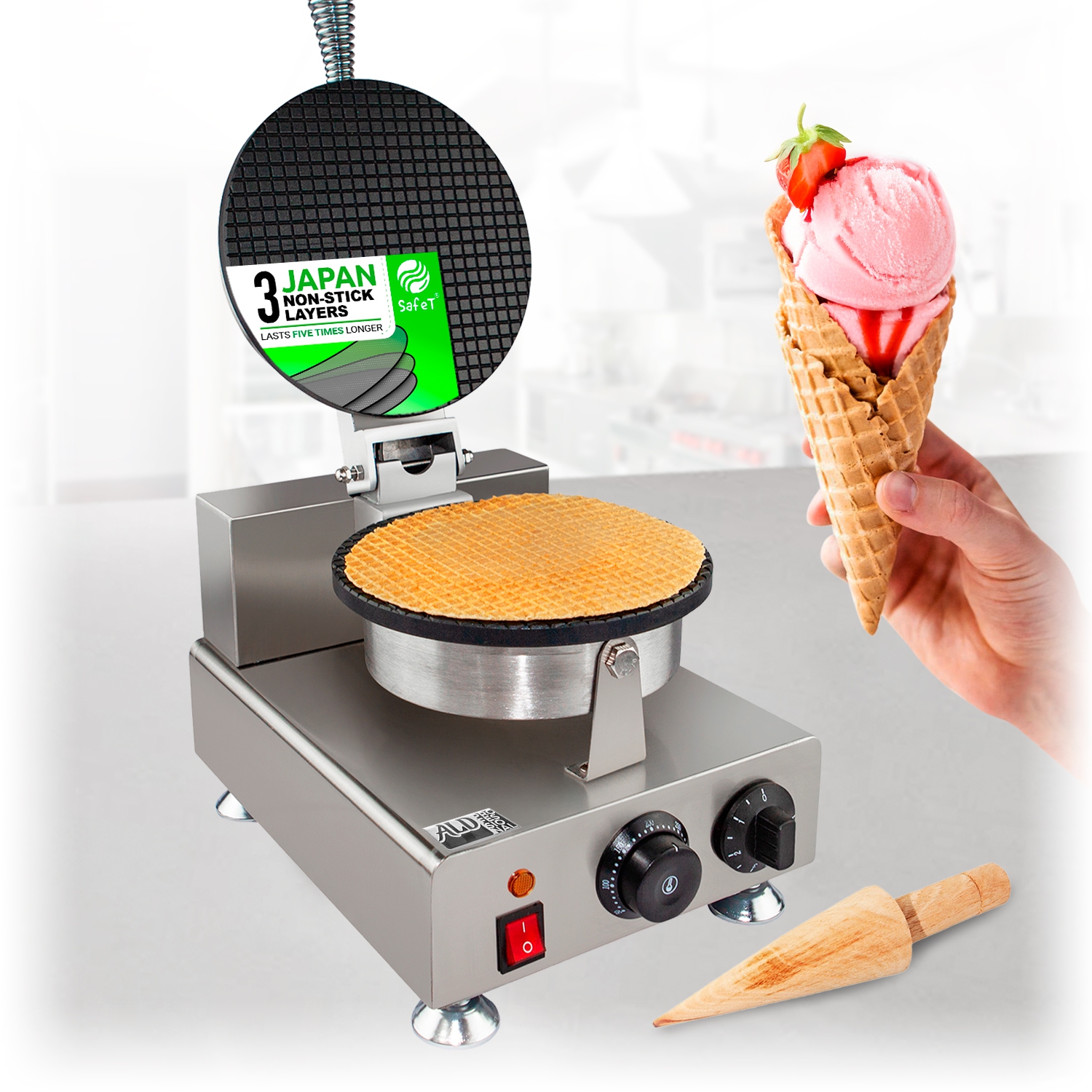 AP-600 Waffle Cone Maker | Commercial Ice Cream Cone Maker | Stainless Steel | Nonstick | Manual Control | 110V