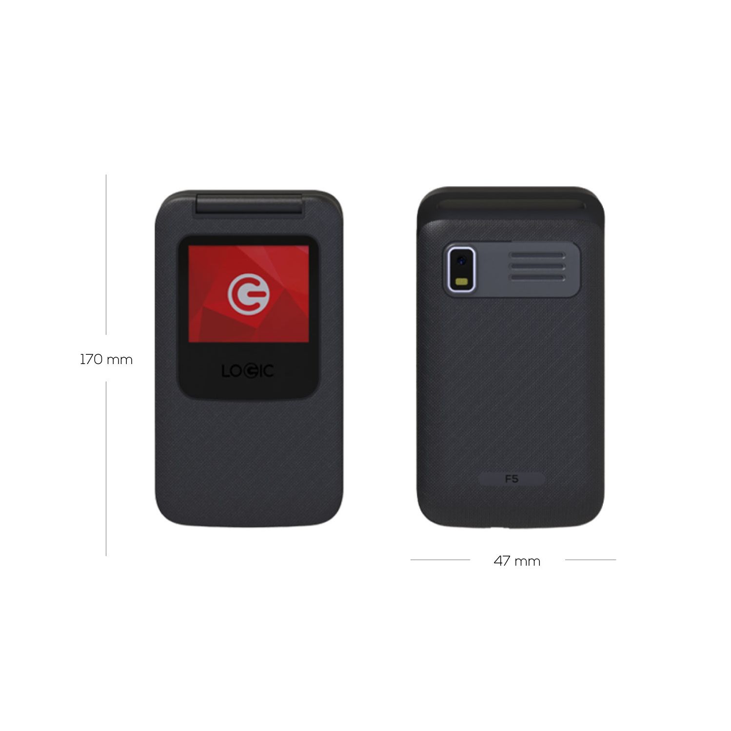 Logic F5 Flip Phone - Unlocked For ONLY Chatr, Rogers & Fido - International Model - 2G Quad Band - VGA Camera + Flash - 600mAh Li-ion Battery - Micro USB Connector - Brand New Sealed - Grey