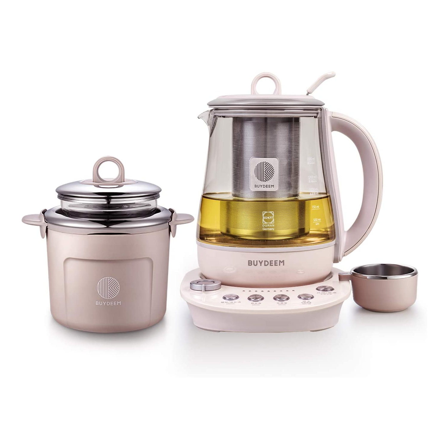 Buydeem K2693 Health Pot, Health-Care Beverage Electric Kettle with Thickened Glass, 9-in-1 Fully Automatic Programmable Brew Cooker, 1.5 L, Pink