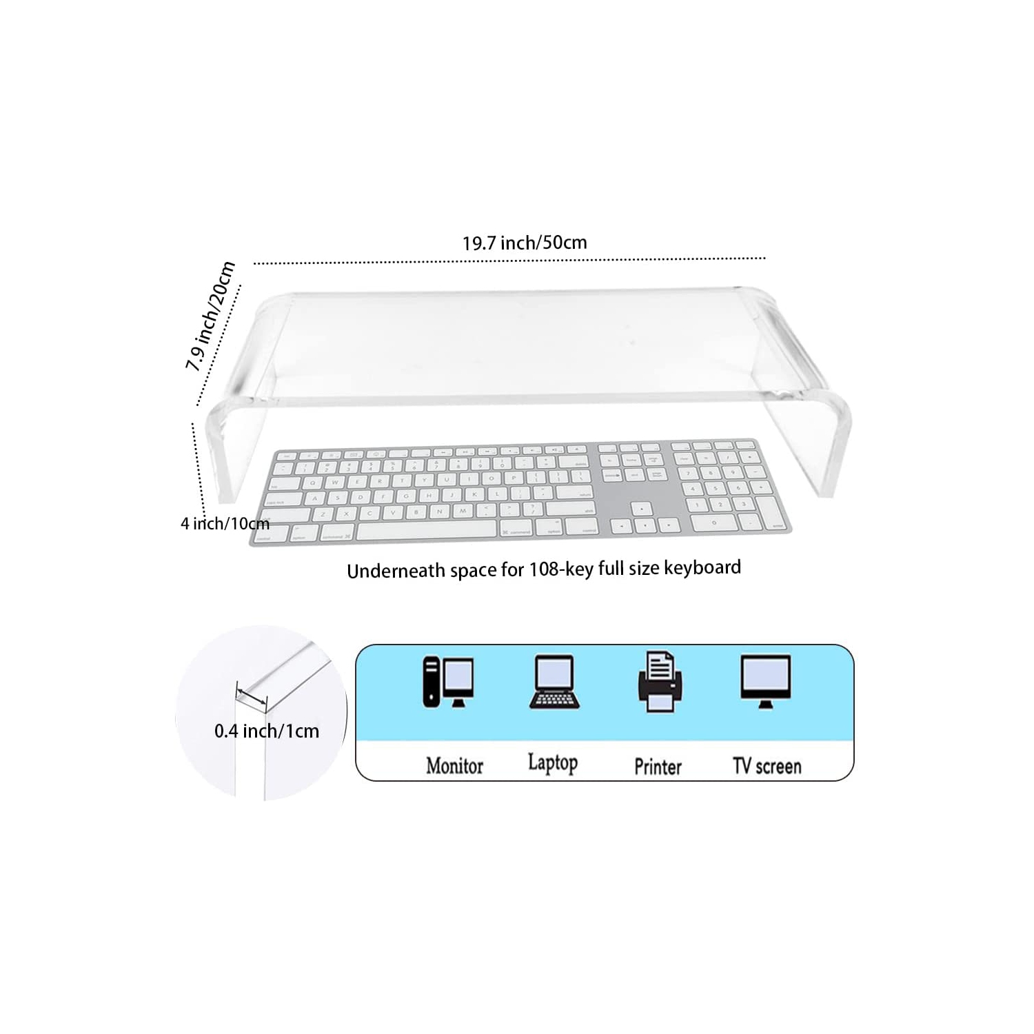 Support de moniteur en acrylique pour iMac, PC, bureau, portable, écran de téléviseur, Imprimante. Plateforme robuste, élévateur transparent pour