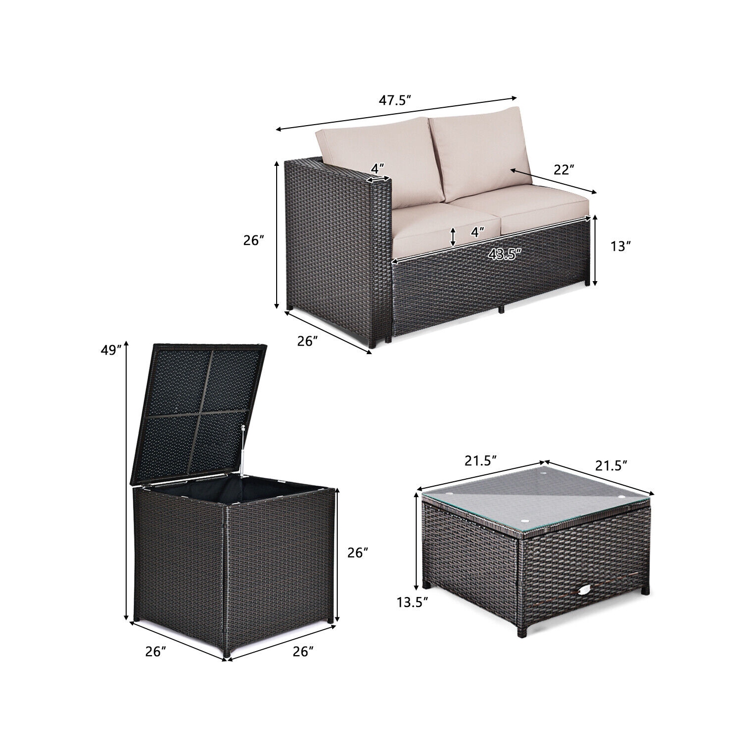 Gymax 8PCS Cushioned Rattan Patio Conversation Set w/ Coffee Table Side Table