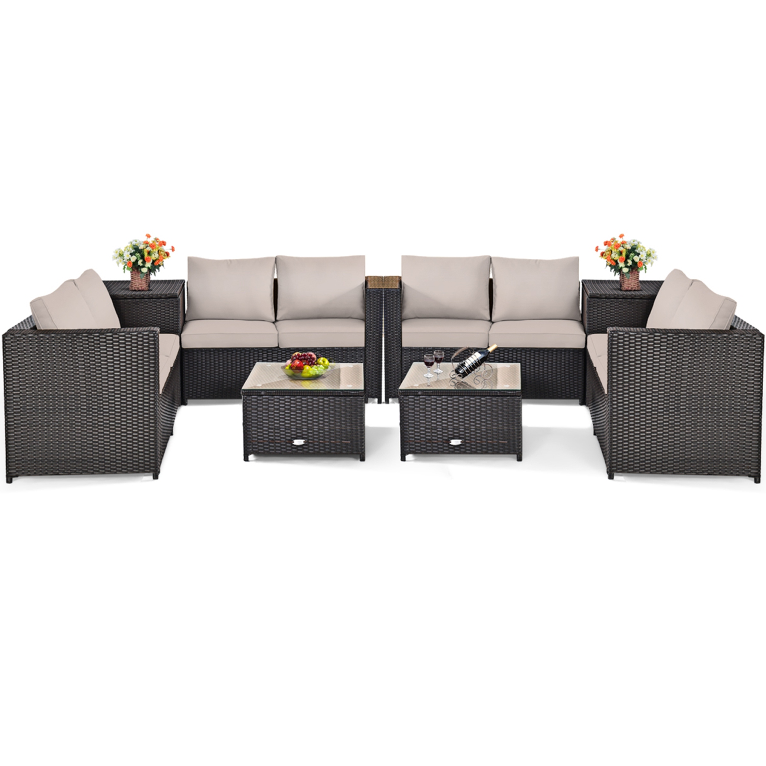 Gymax 8PCS Cushioned Rattan Patio Conversation Set w/ Coffee Table Side Table