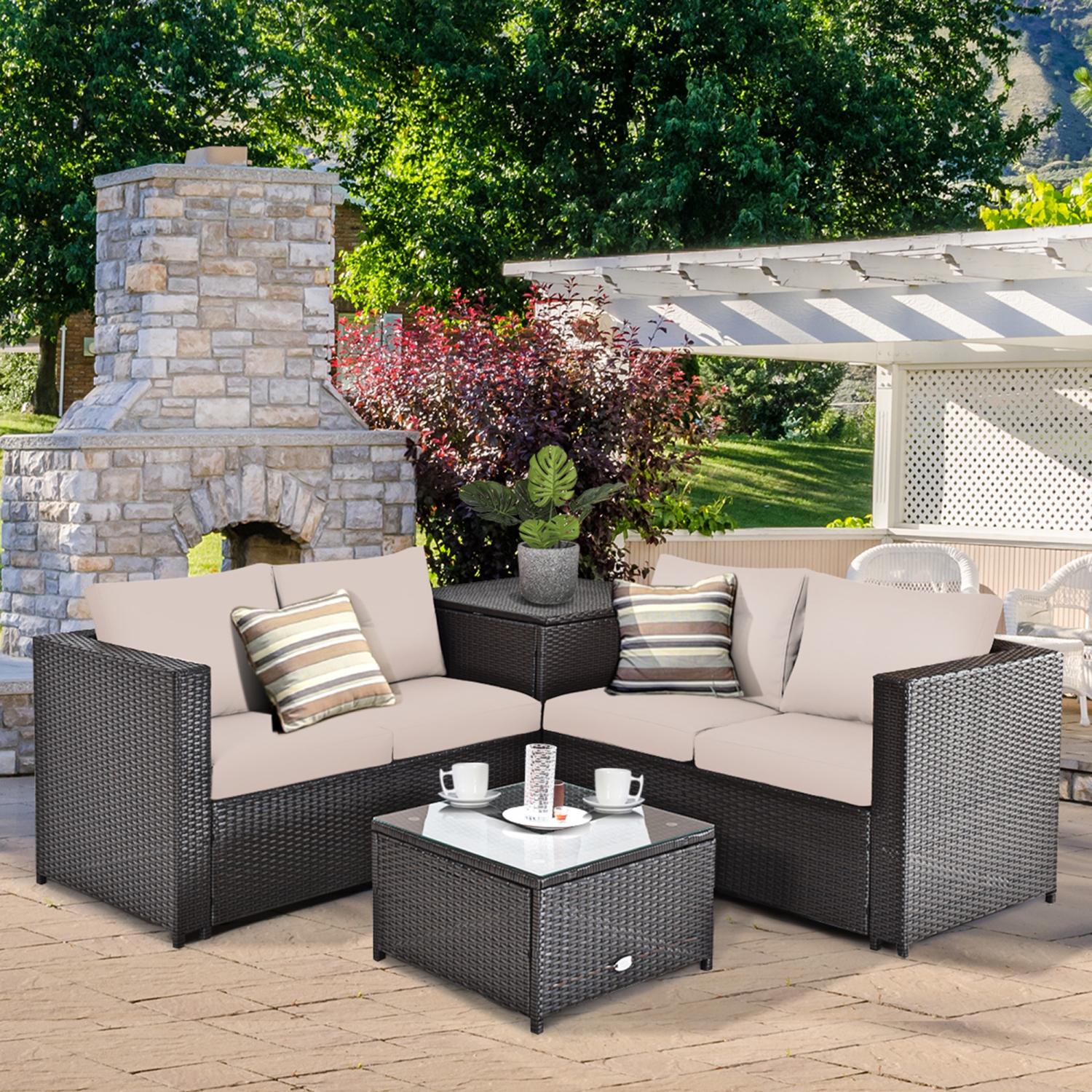 Gymax 8PCS Cushioned Rattan Patio Conversation Set w/ Coffee Table Side Table