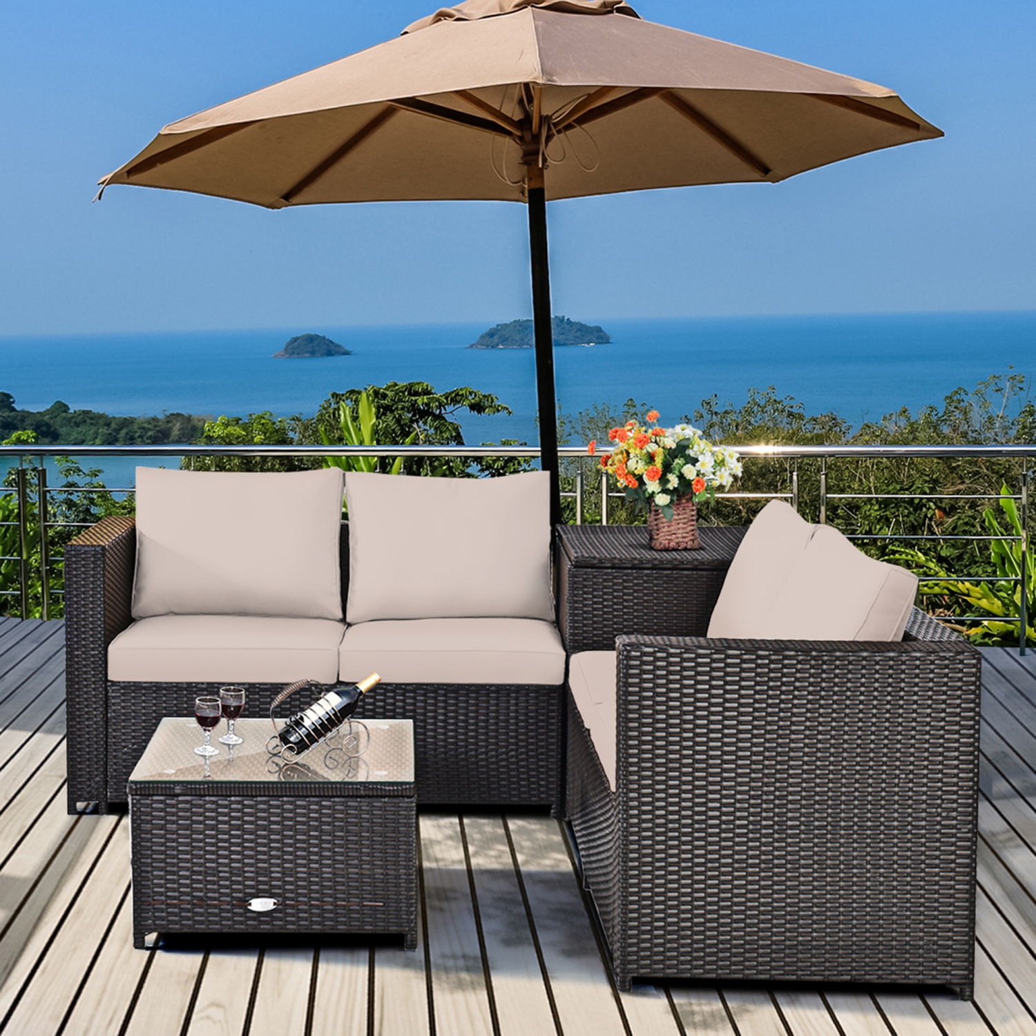 Gymax 8PCS Cushioned Rattan Patio Conversation Set w/ Coffee Table Side Table