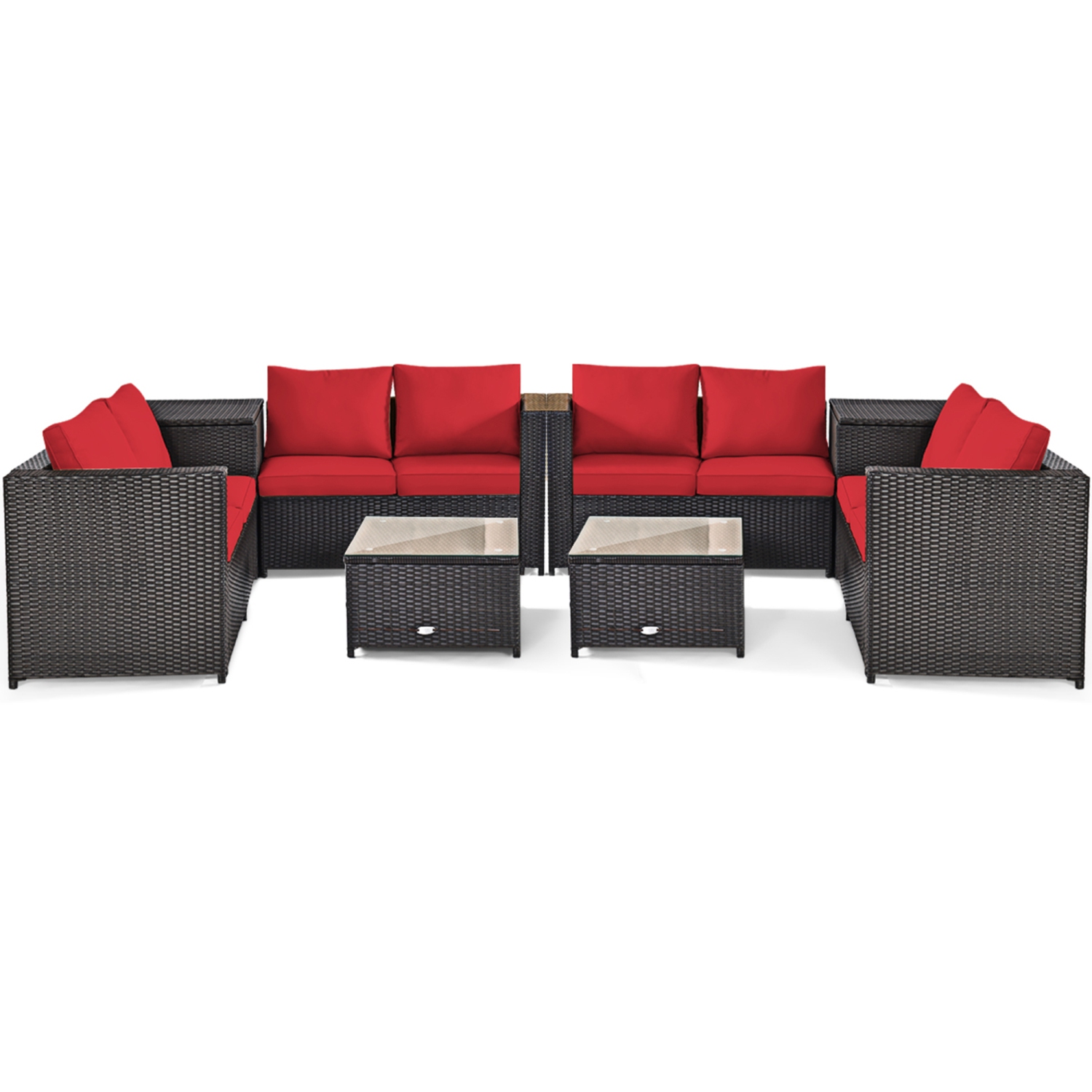 Gymax 8PCS Cushioned Rattan Patio Conversation Set w/ Side Table Red Cushion