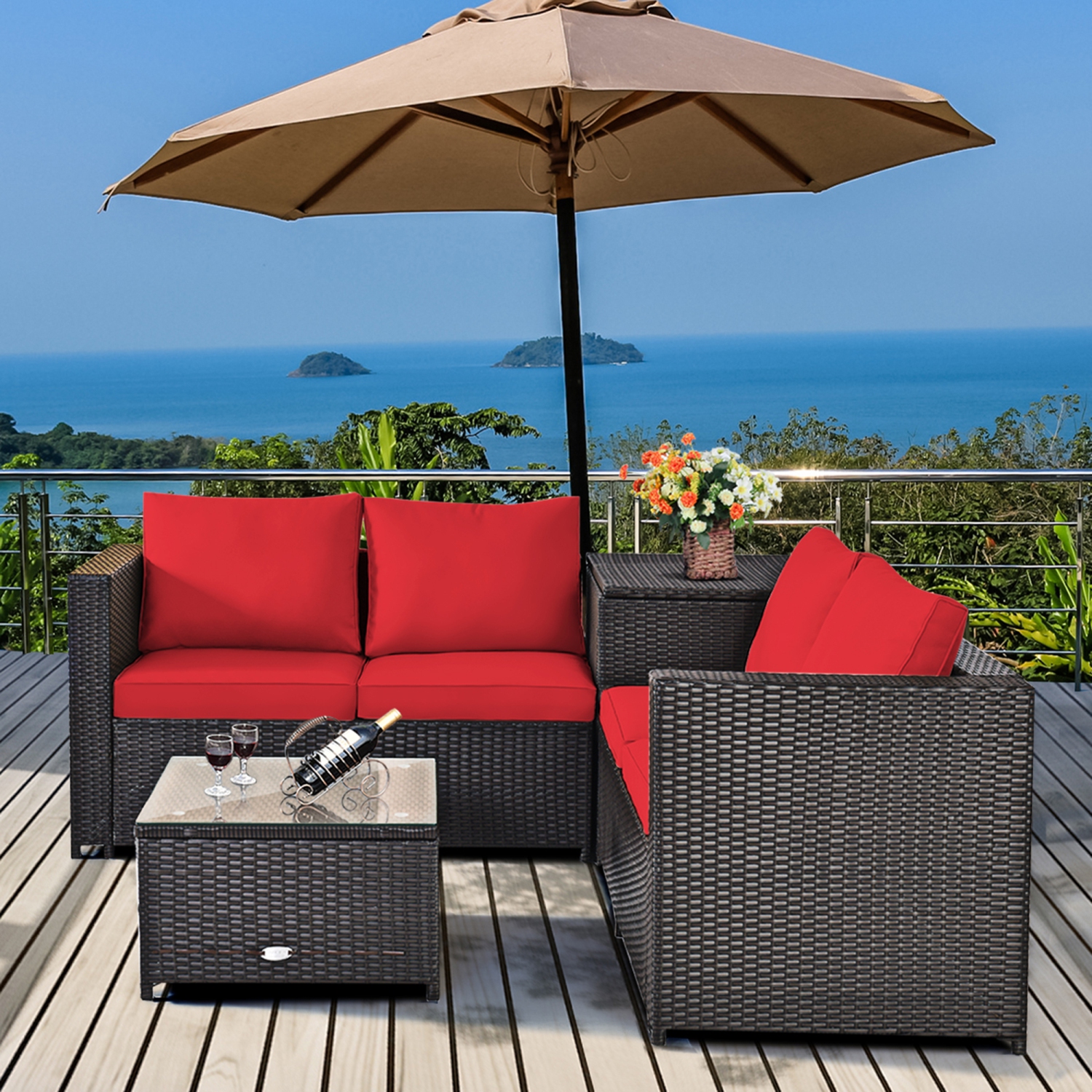 Gymax 8PCS Cushioned Rattan Patio Conversation Set w/ Side Table Red Cushion